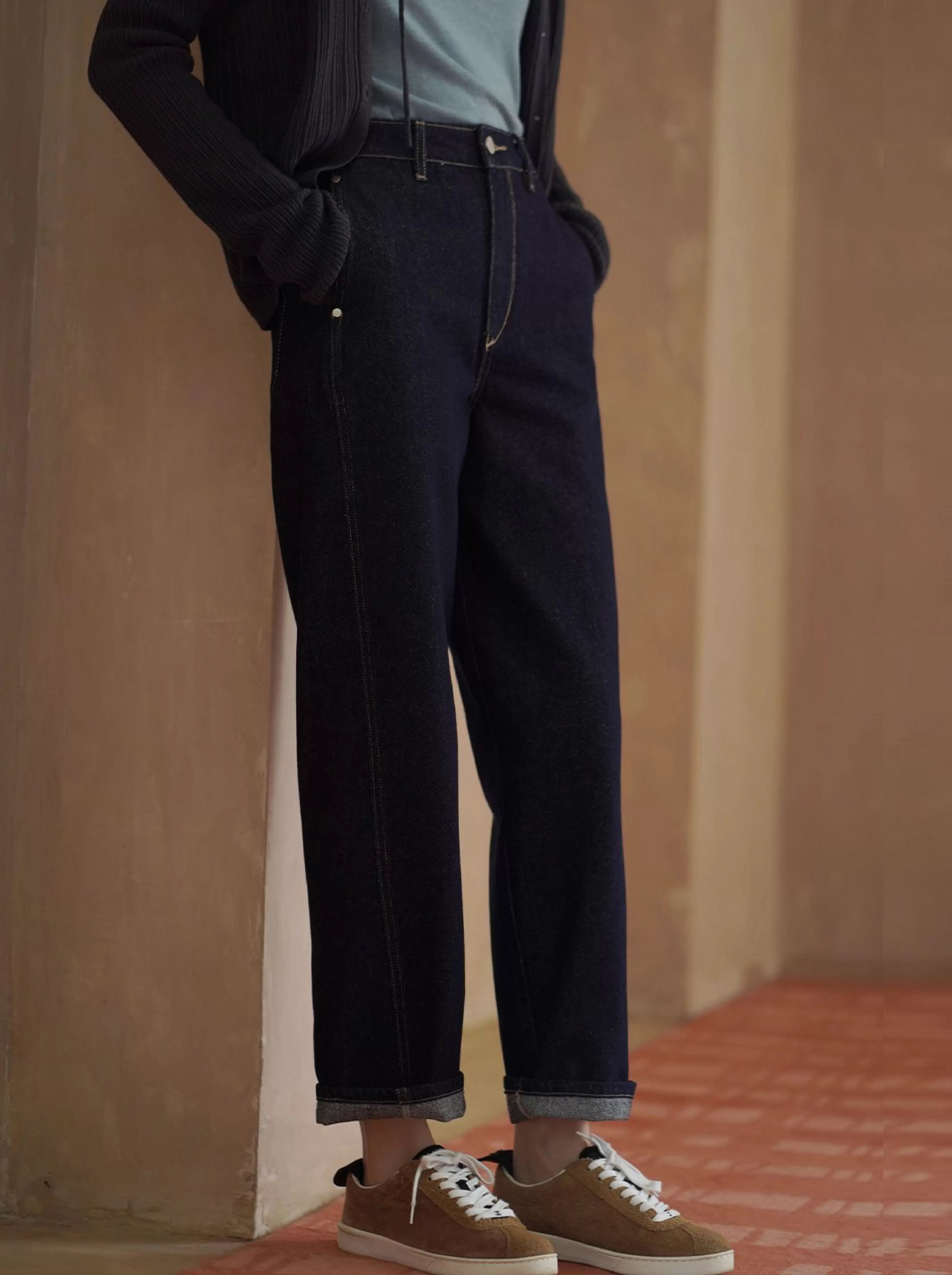 萬年青顯瘦經典版型復古原色直筒高腰不挑人休閒牛仔褲