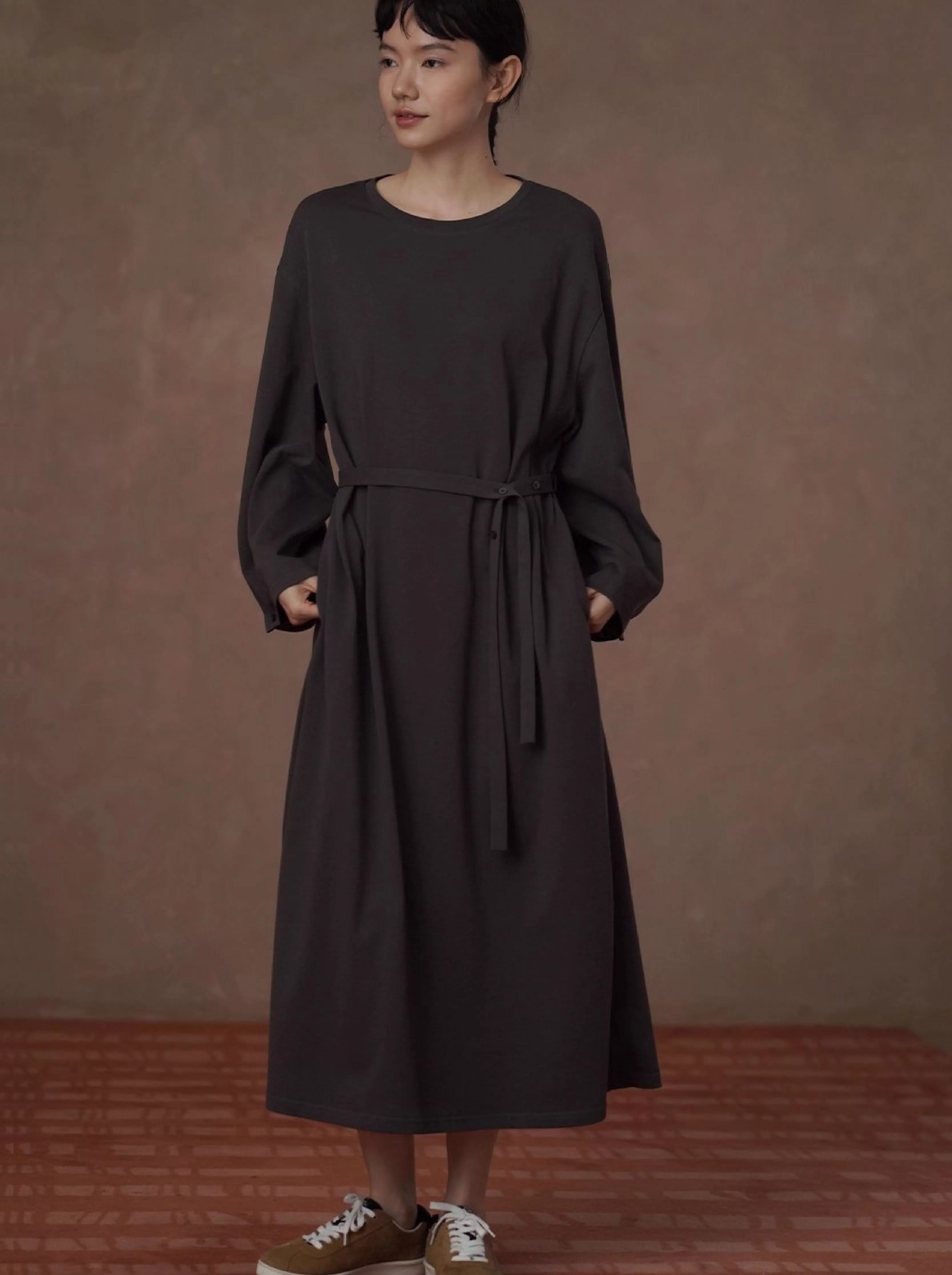 綿柔禪意100棉寬鬆直筒圓領可調式腰帶顯瘦藏肉通勤裙子