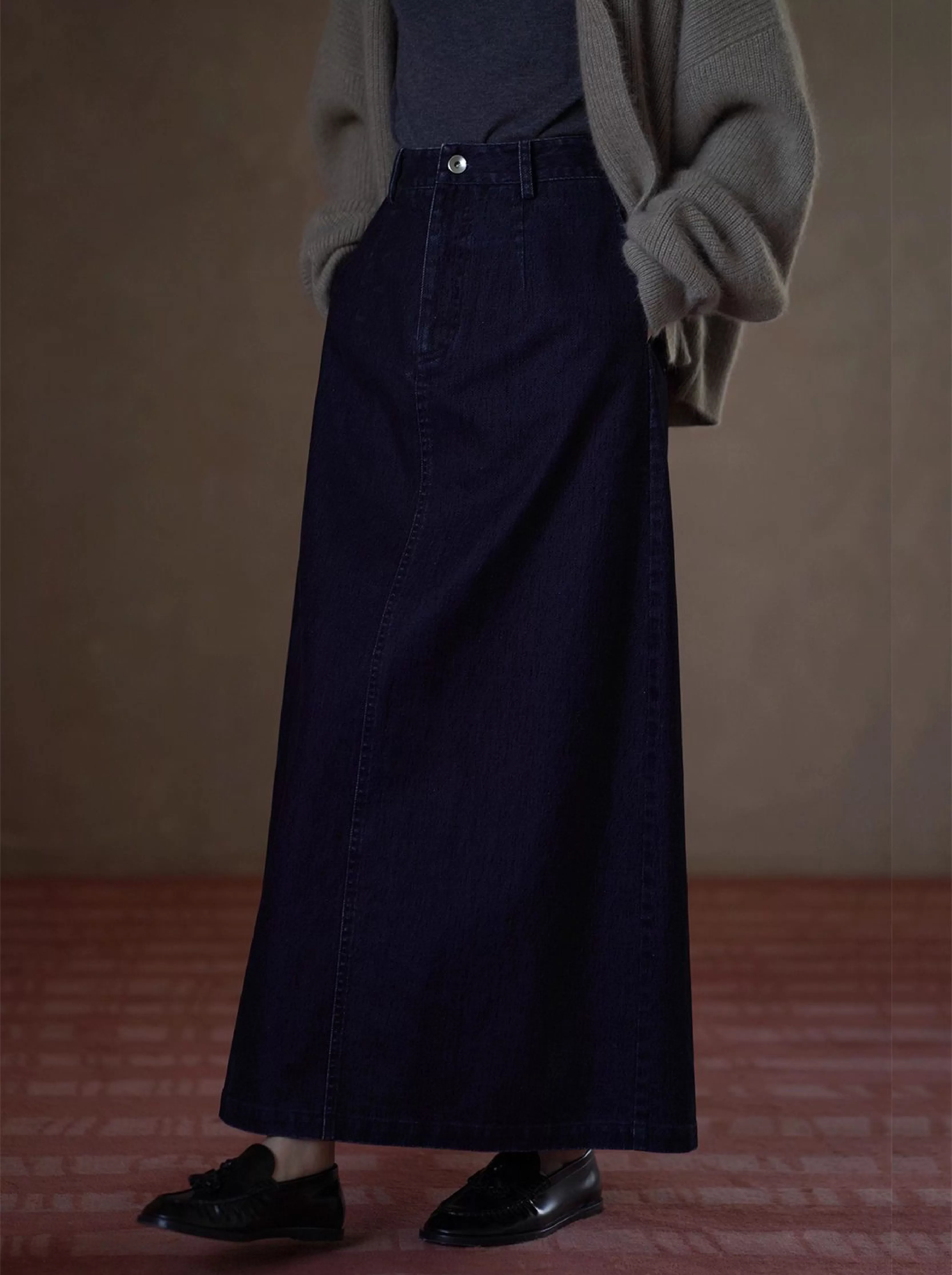 復古時髦做舊磨毛牛仔長款半身裙高腰微A寬鬆顯瘦裙子