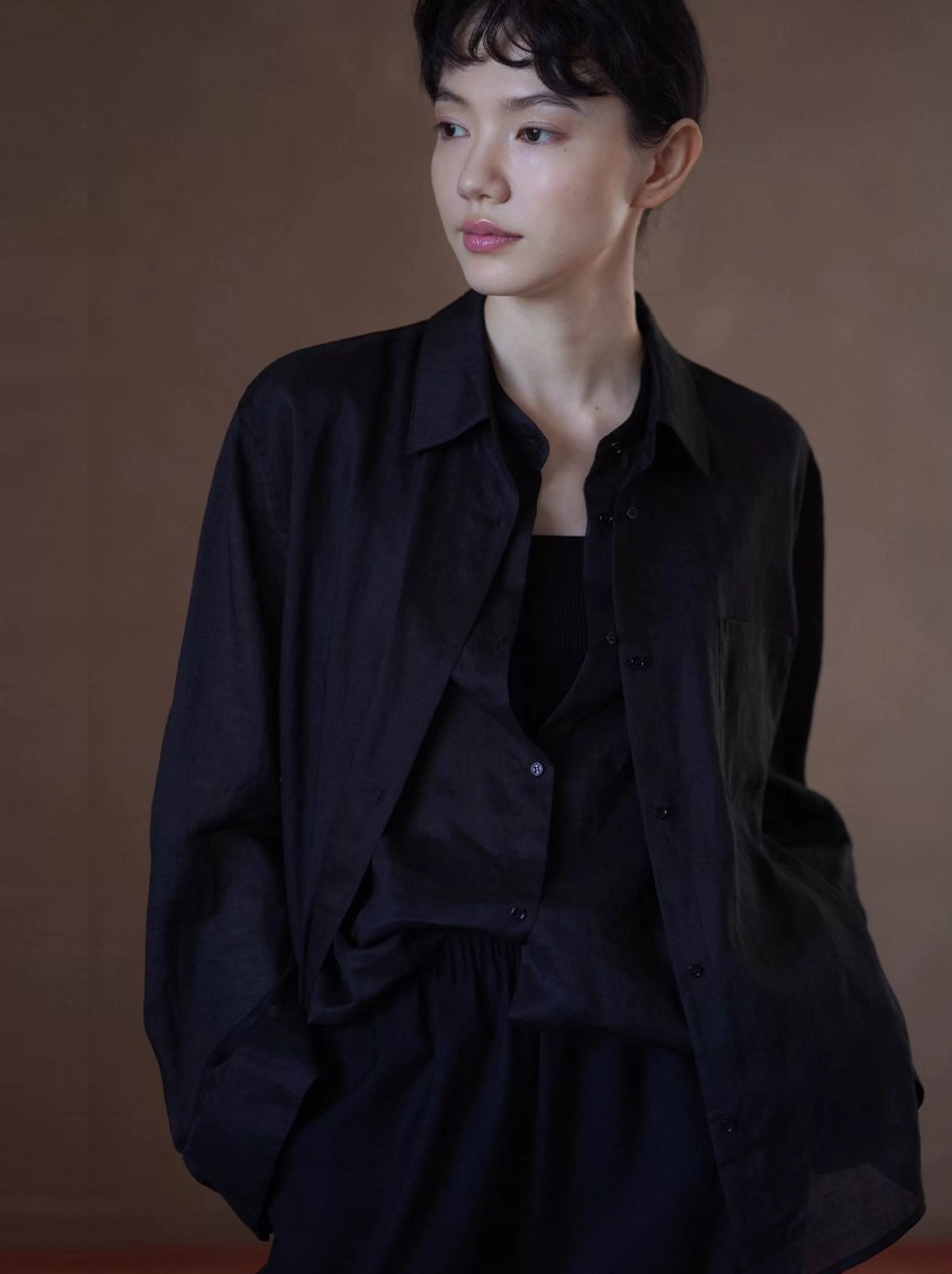 另類通勤設計感假兩件100苧麻挺括疊穿寬鬆顯瘦長袖襯衫