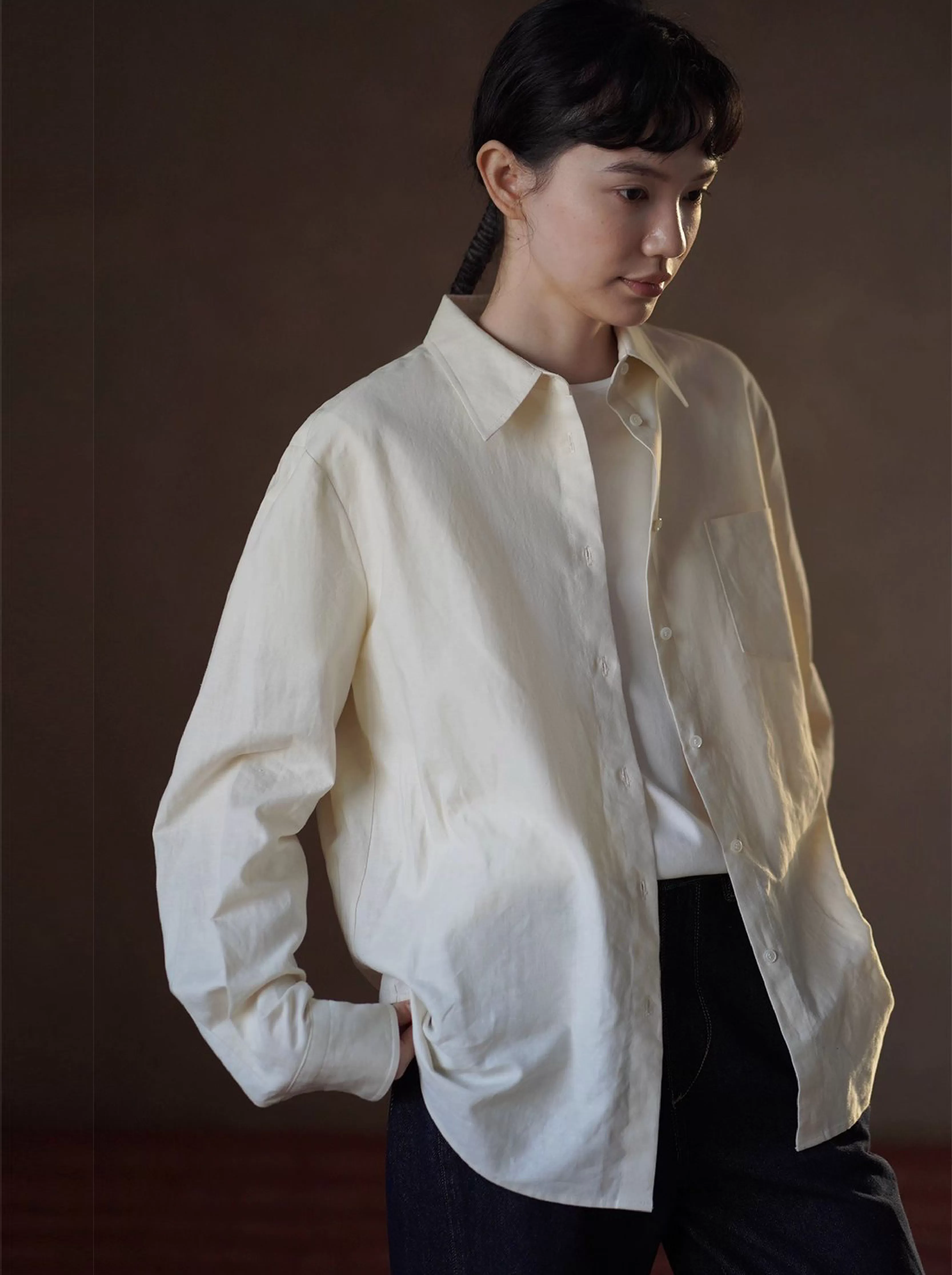 清香檸檬舒適棉麻混紡長袖疊穿寬鬆襯衫顯瘦通勤上衣女