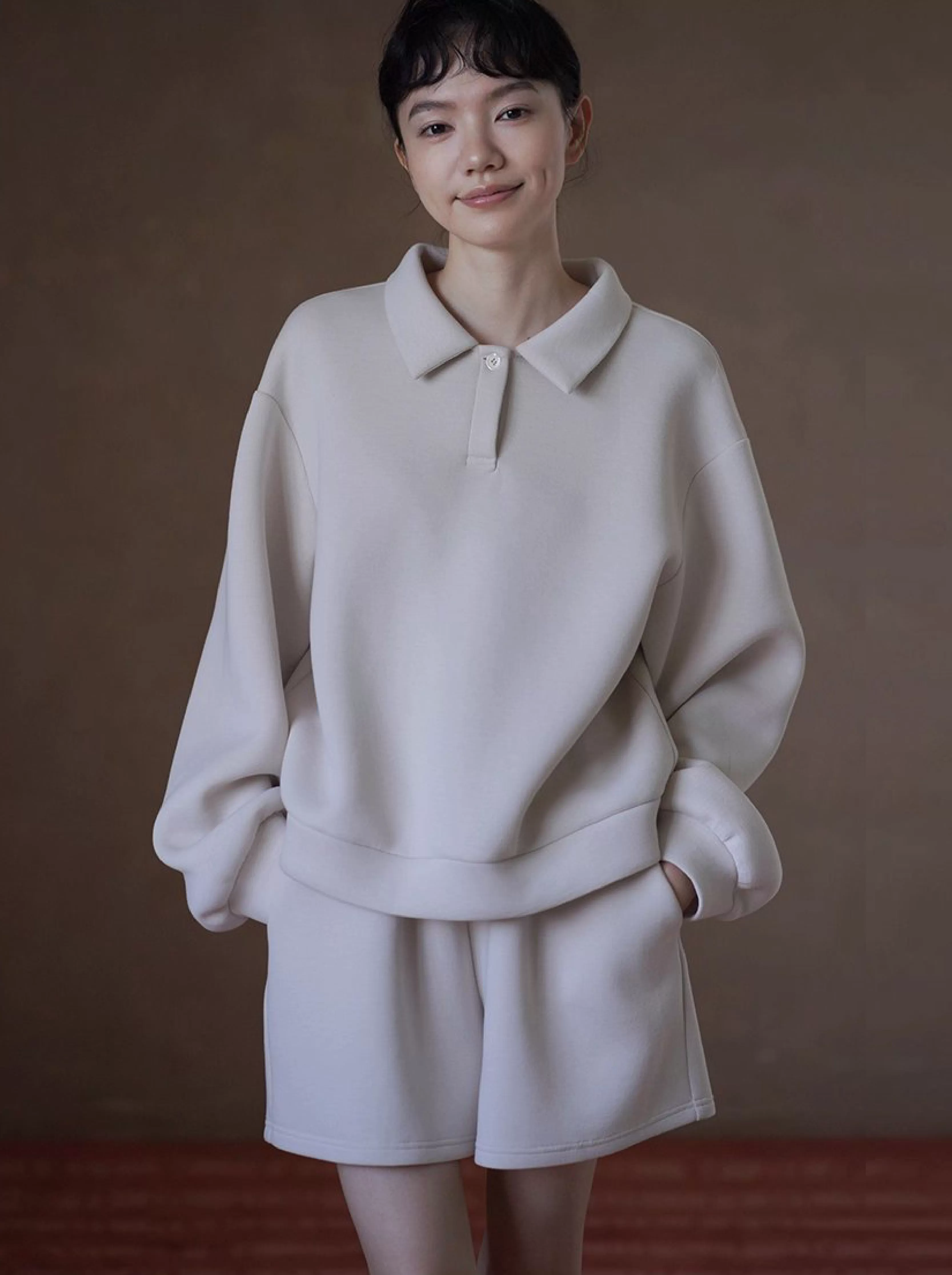 綿軟暖糯衛衣套裝寬鬆落肩Polo領顯瘦上衣鬆緊高腰短褲