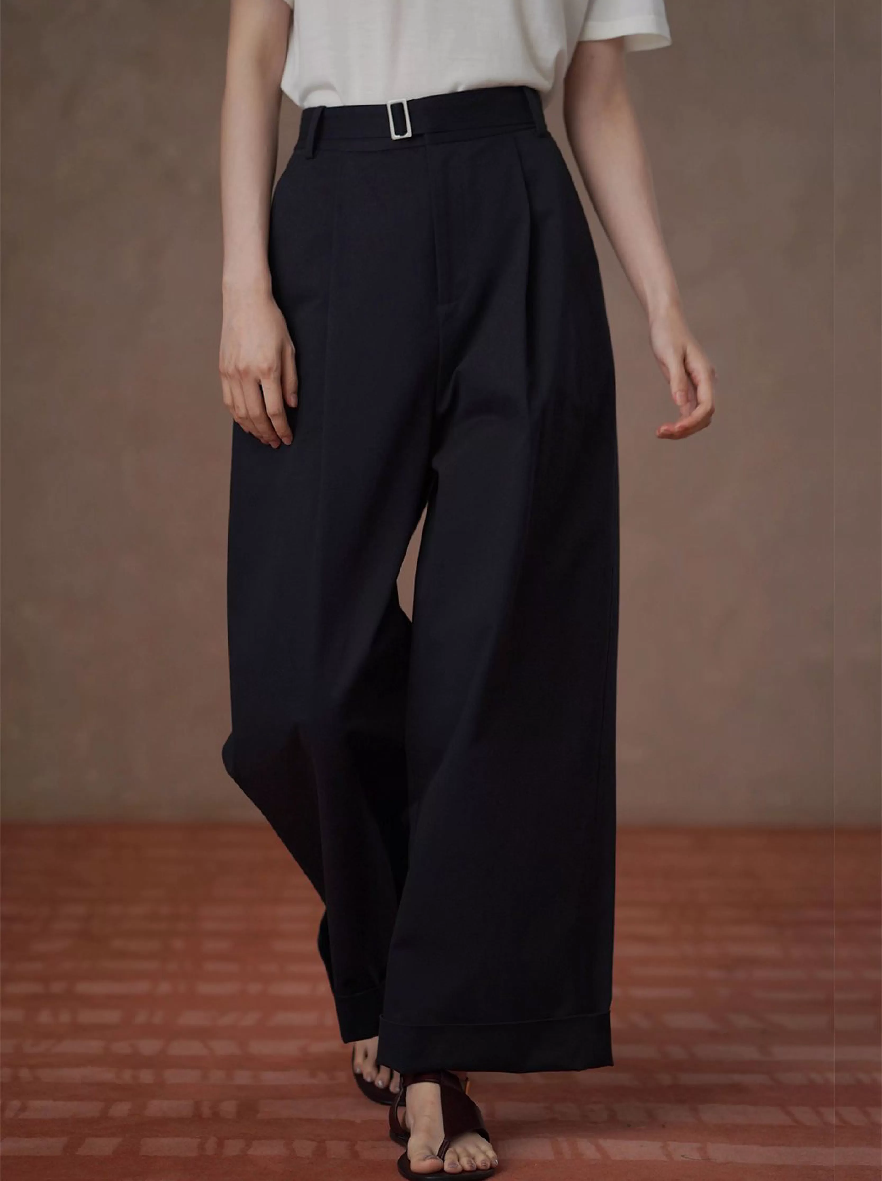 無可挑剔挺括棉感可調式腰帶直筒寬鬆闊腿顯瘦高腰長褲