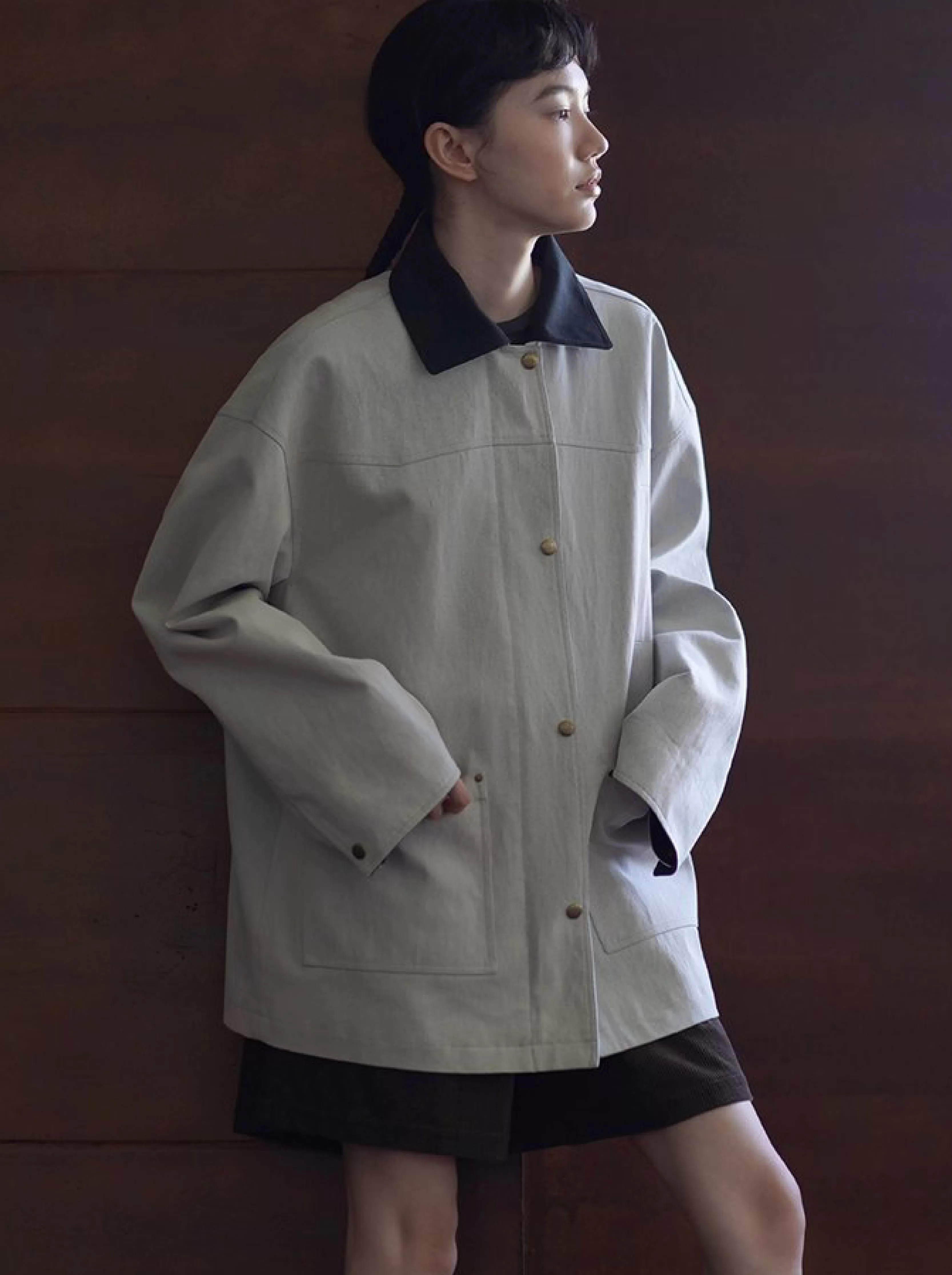 復古工裝健行外套斜紋挺括寬鬆顯瘦撞色翻領一手長風衣