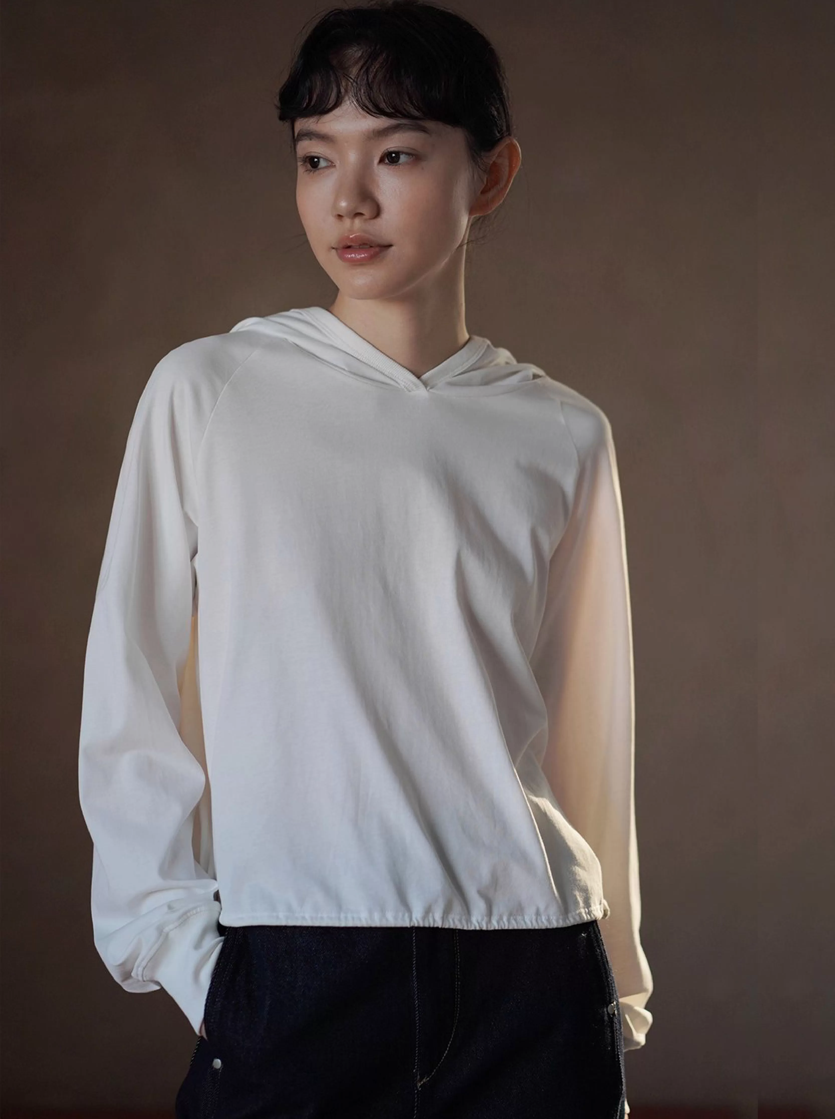 100棉垂軟寬鬆顯瘦連帽休閒長袖上衣可調整下擺T恤內搭