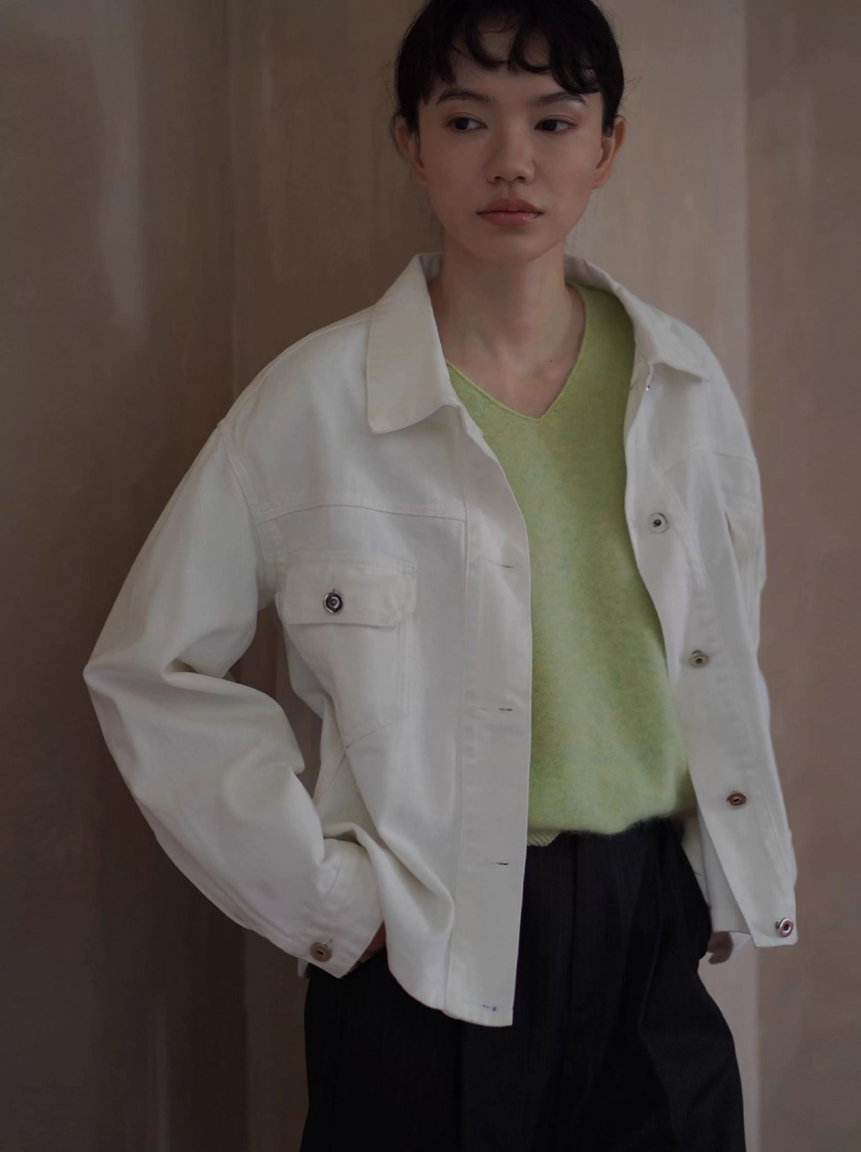 復古工裝立體口袋水洗100棉柔軟斜紋牛仔寬鬆翻領外套女