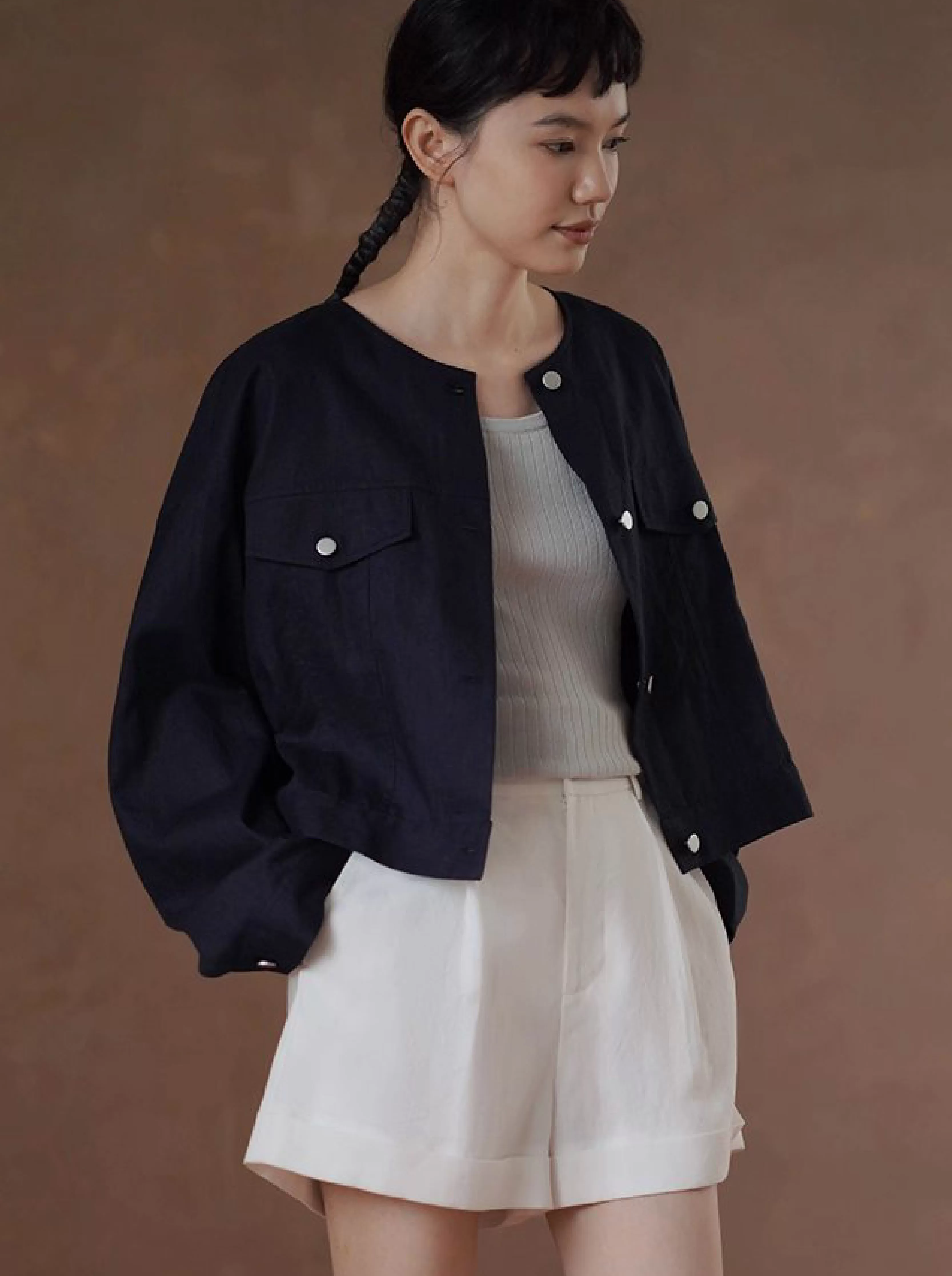 輕工裝挺括透氣苧麻棉寬鬆箱型短長袖顯瘦通勤外套女