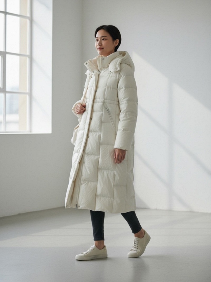 冬季重工簡約充絨工藝90白鴨絨連帽不厚重長羽絨服