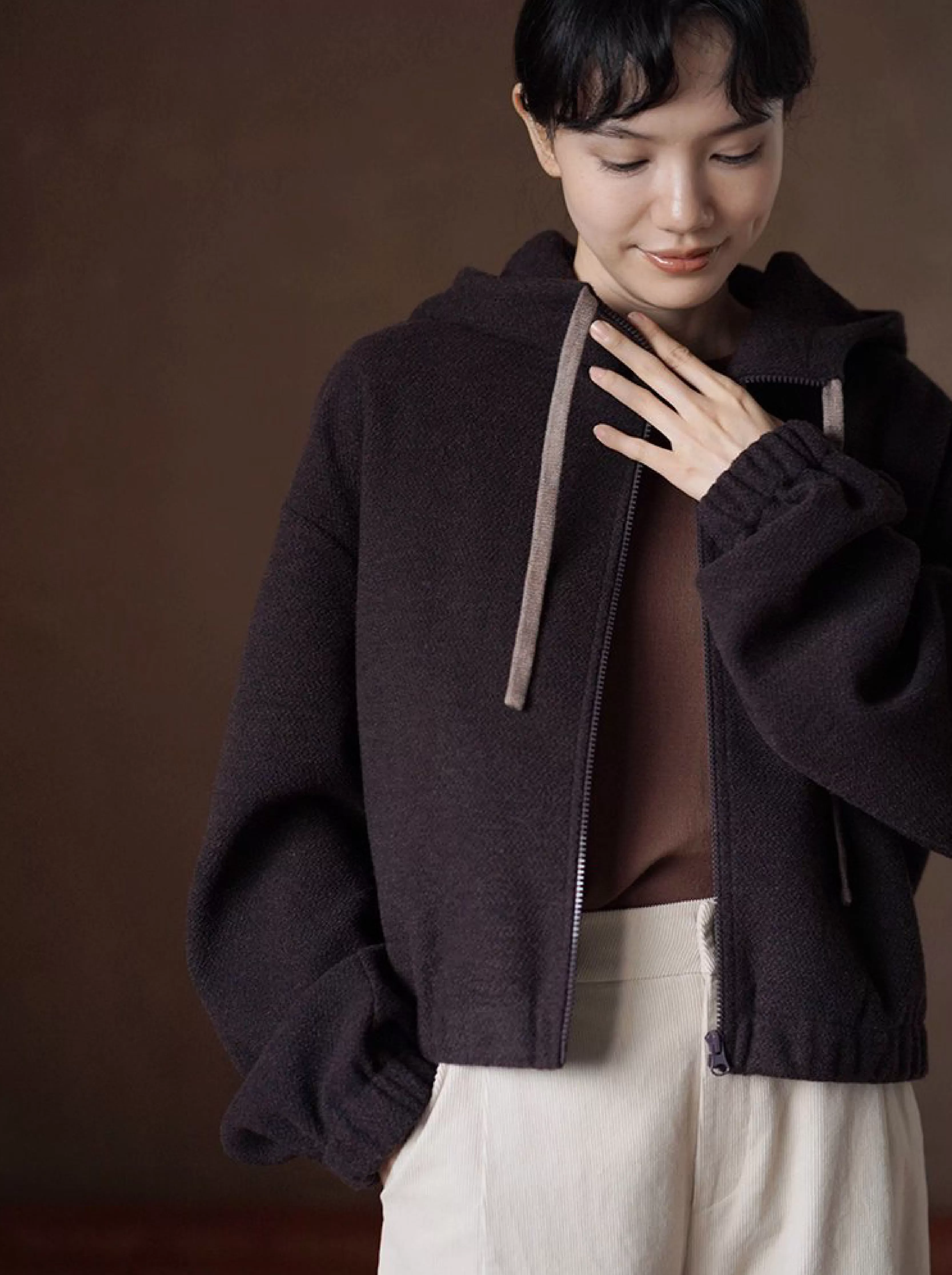 榛果咖濃鬱質感加厚綿羊毛混紡寬鬆短連帽衛衣外套女