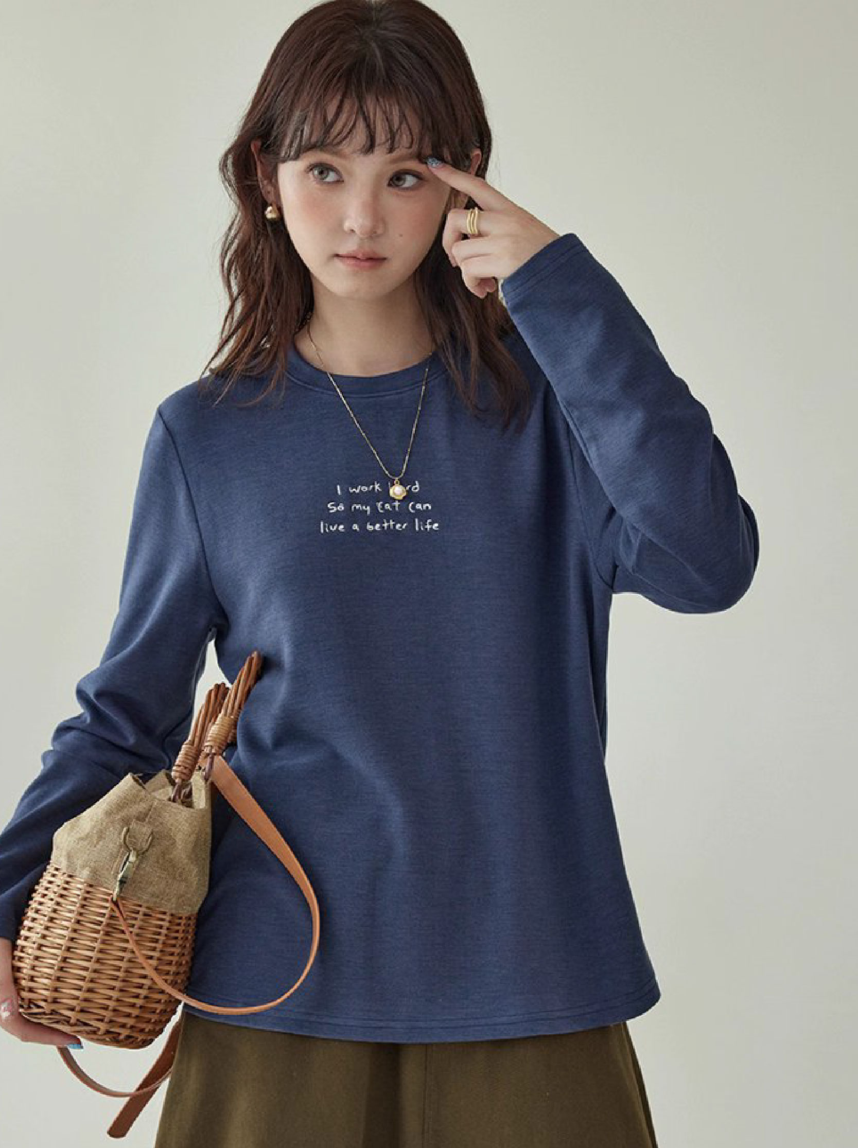 日系刺繡圓領雙面絨長袖T恤女秋季新款百搭上衣