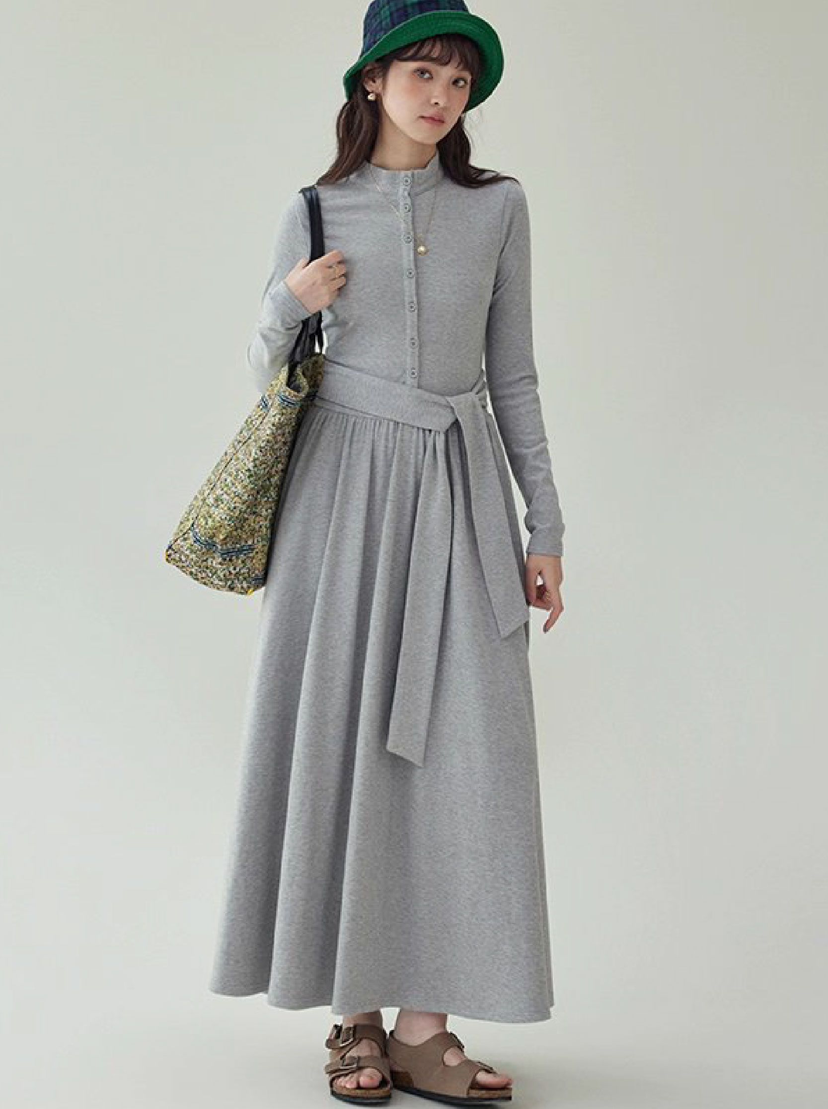 灰色修身高腰綁帶洋裝女秋新款長袖收腰T恤裙