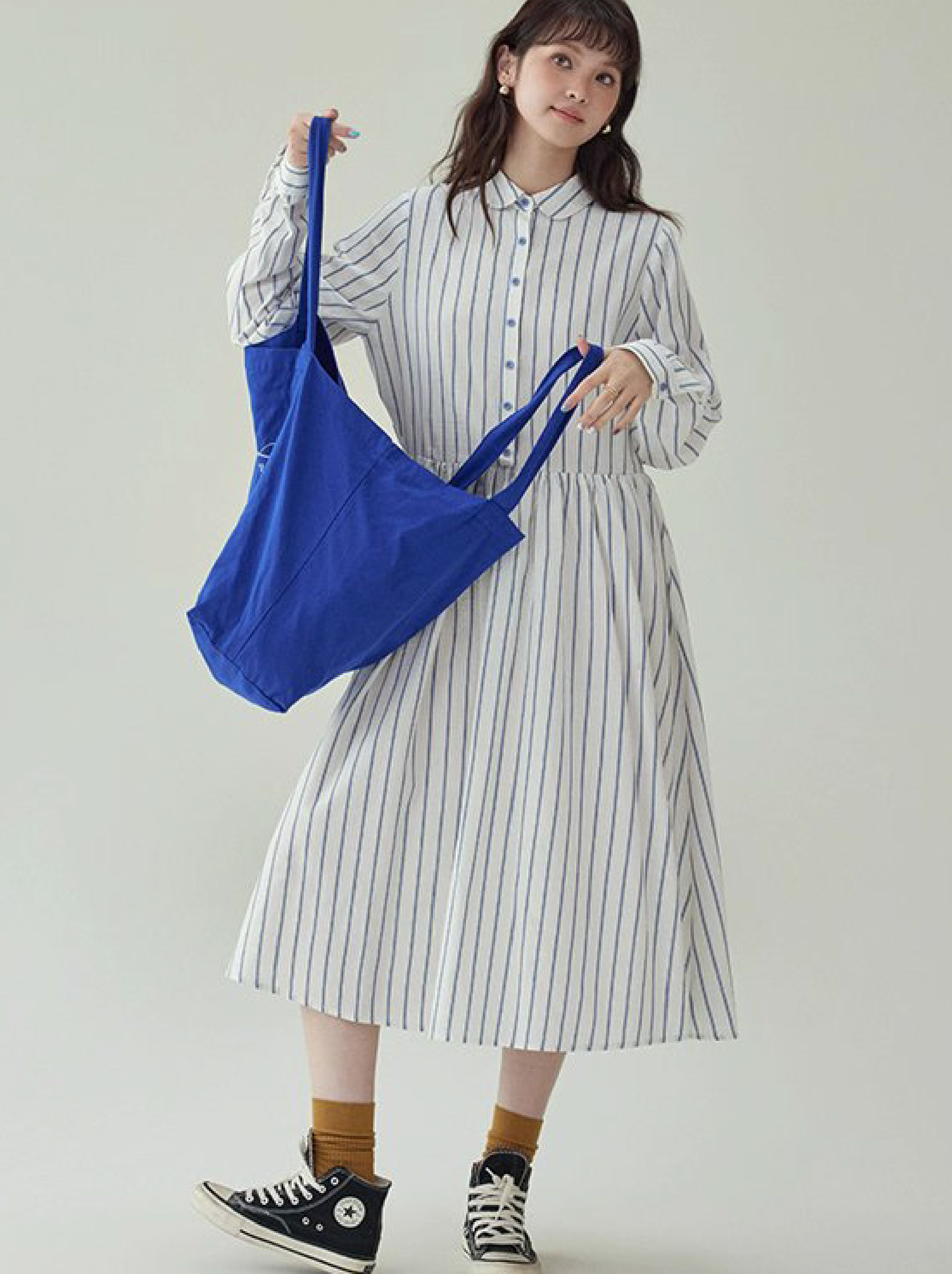 藍條紋娃娃領純棉洋裝女秋新款寬鬆長袖襯衫裙