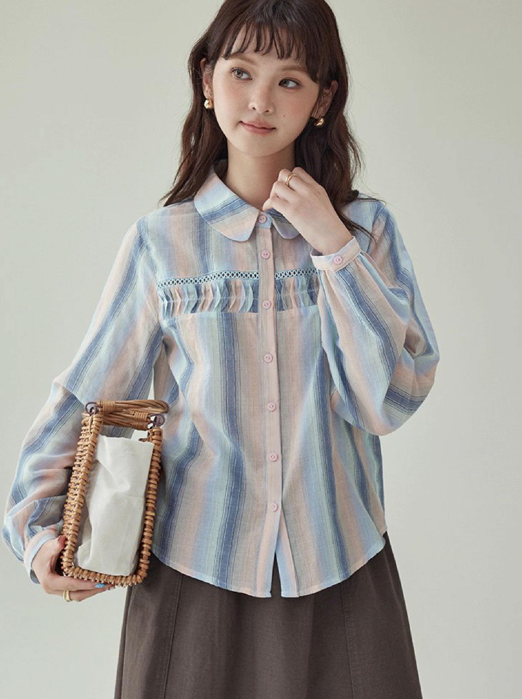 少女感鏤空拼接條紋襯衫女秋季新款純棉長袖上衣