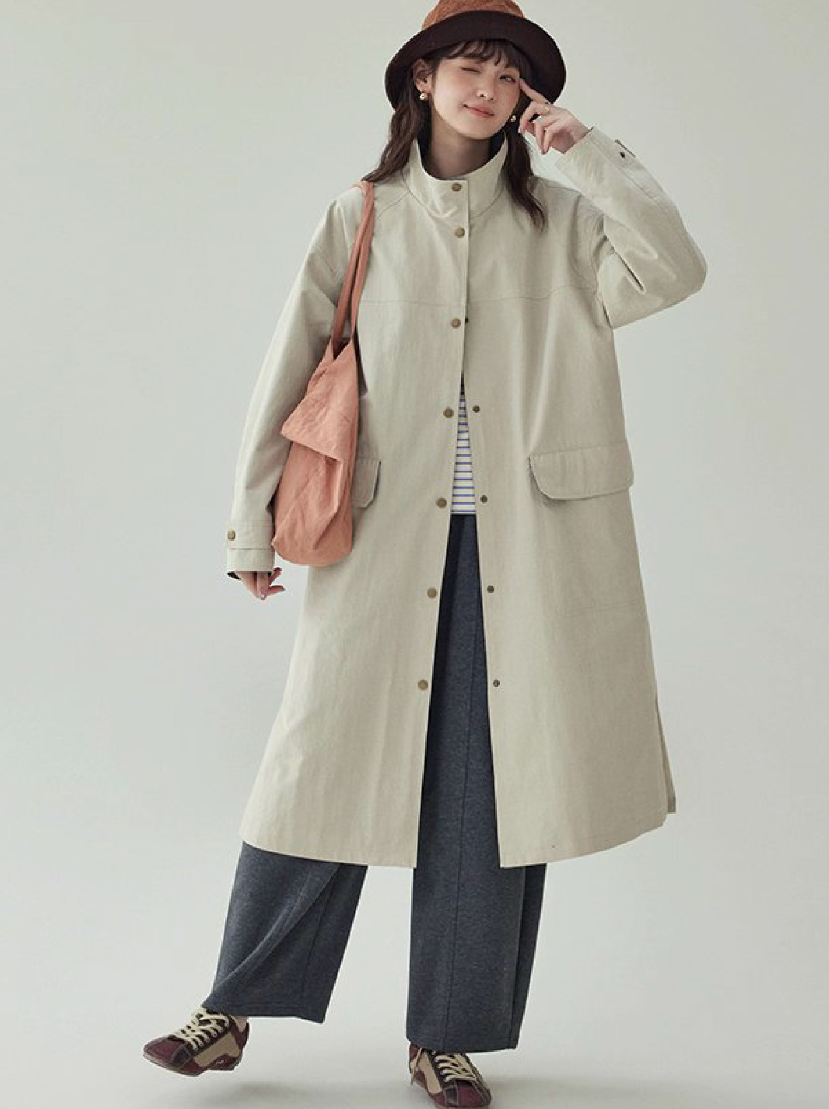 日系純色立領長風衣外套女秋新款寬鬆長袖上衣