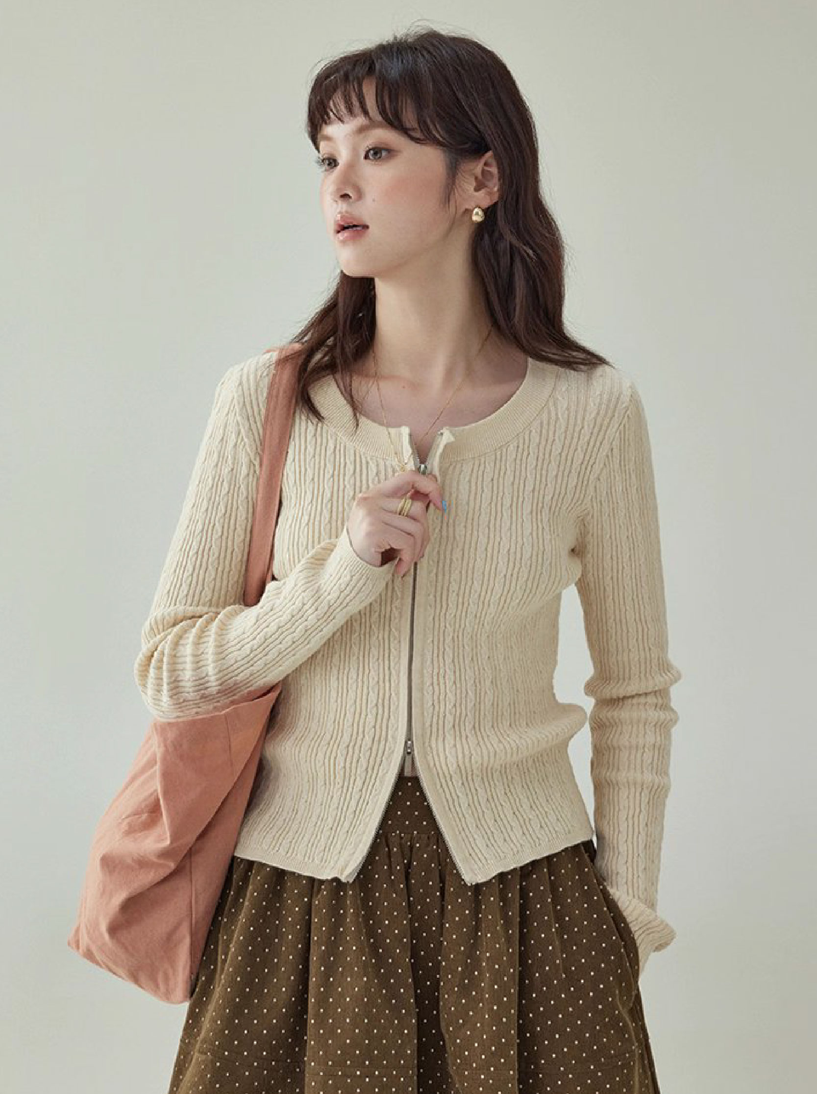 純色麻花雙頭拉鍊針織衫女秋季新款修身純棉上衣