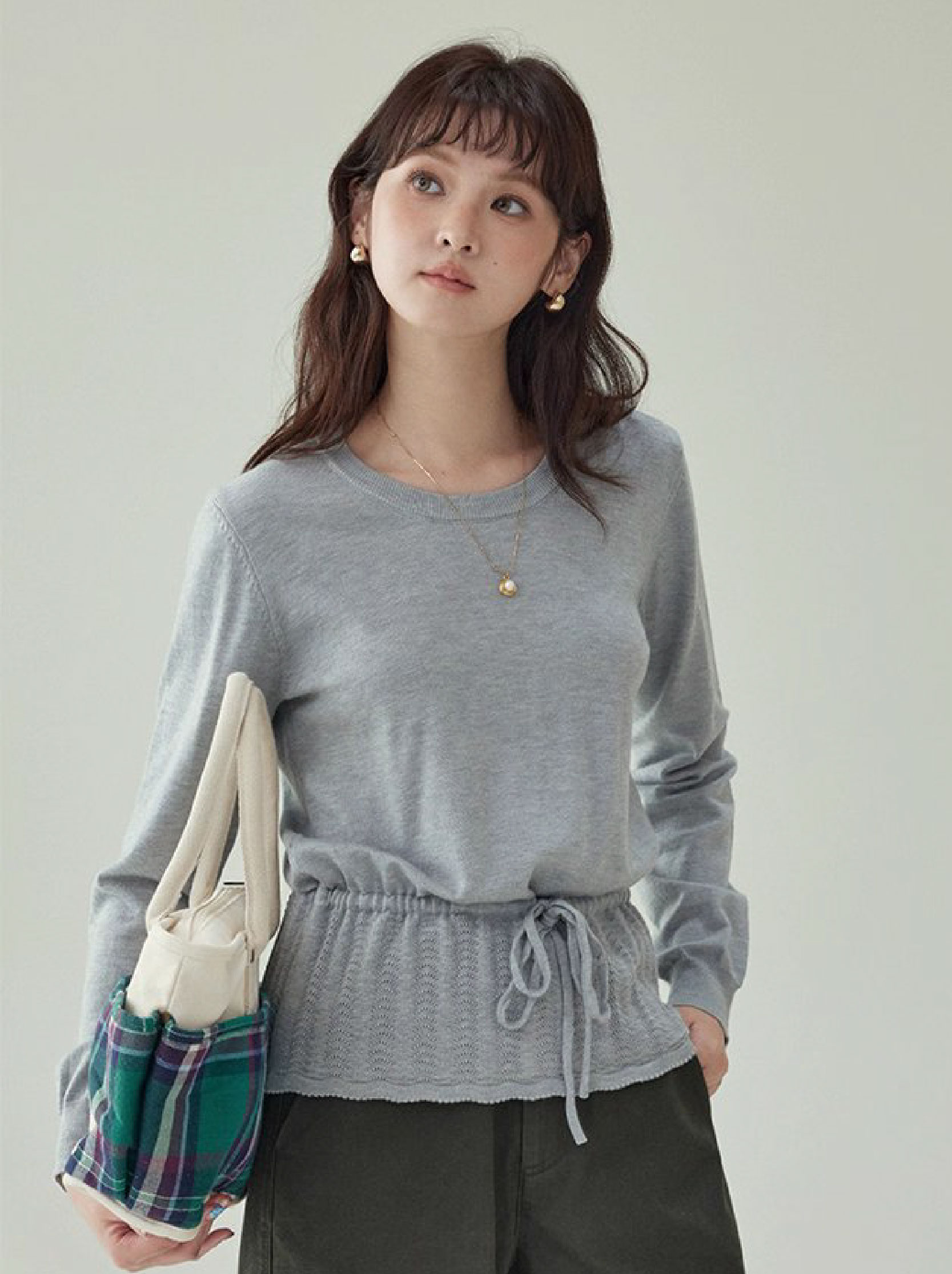 小眾抽繩提花下擺針織衫女秋季新款長袖內搭上衣