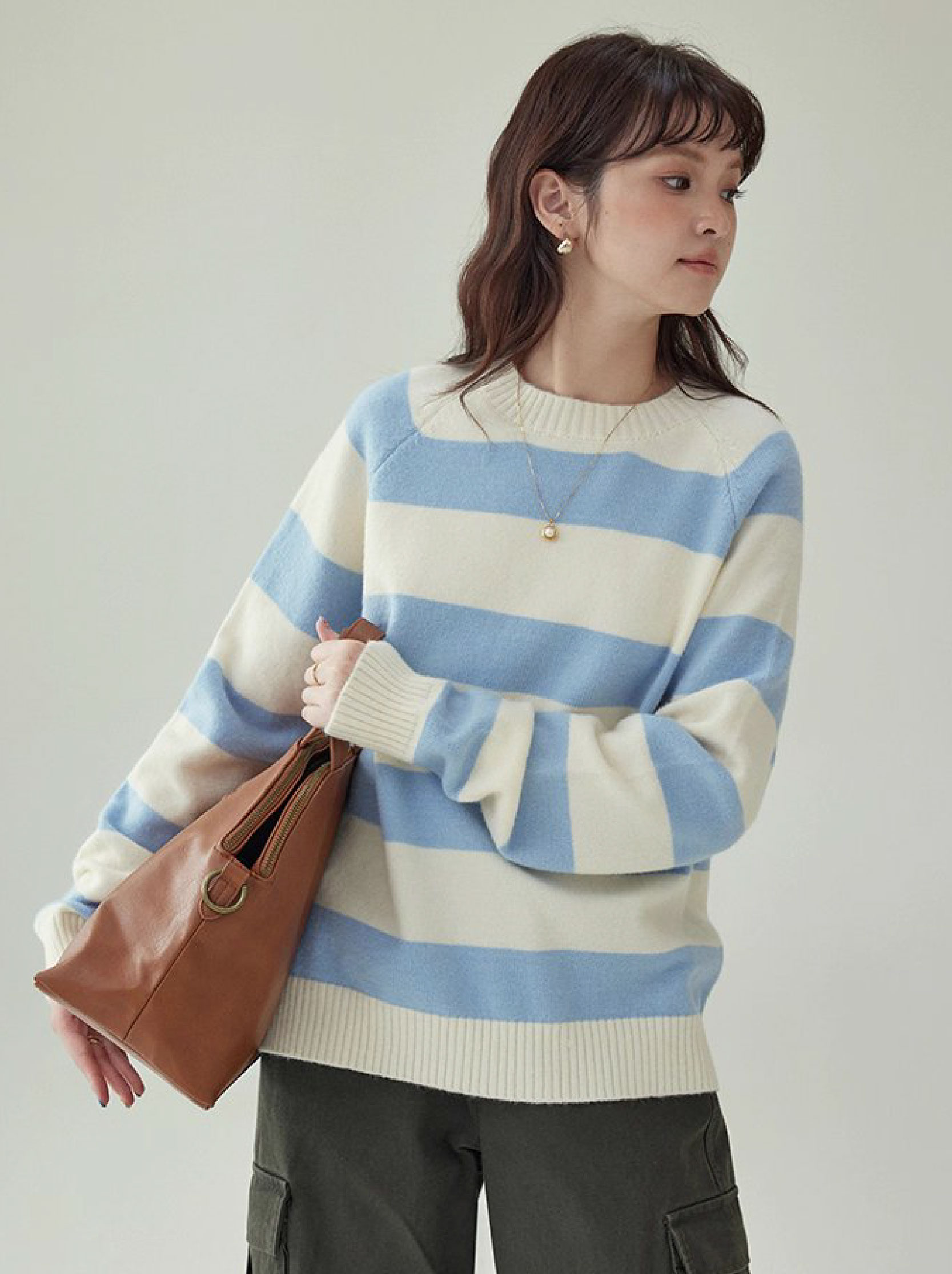 韓國拼色條紋插肩袖毛衣女秋款新款休閒寬鬆上衣