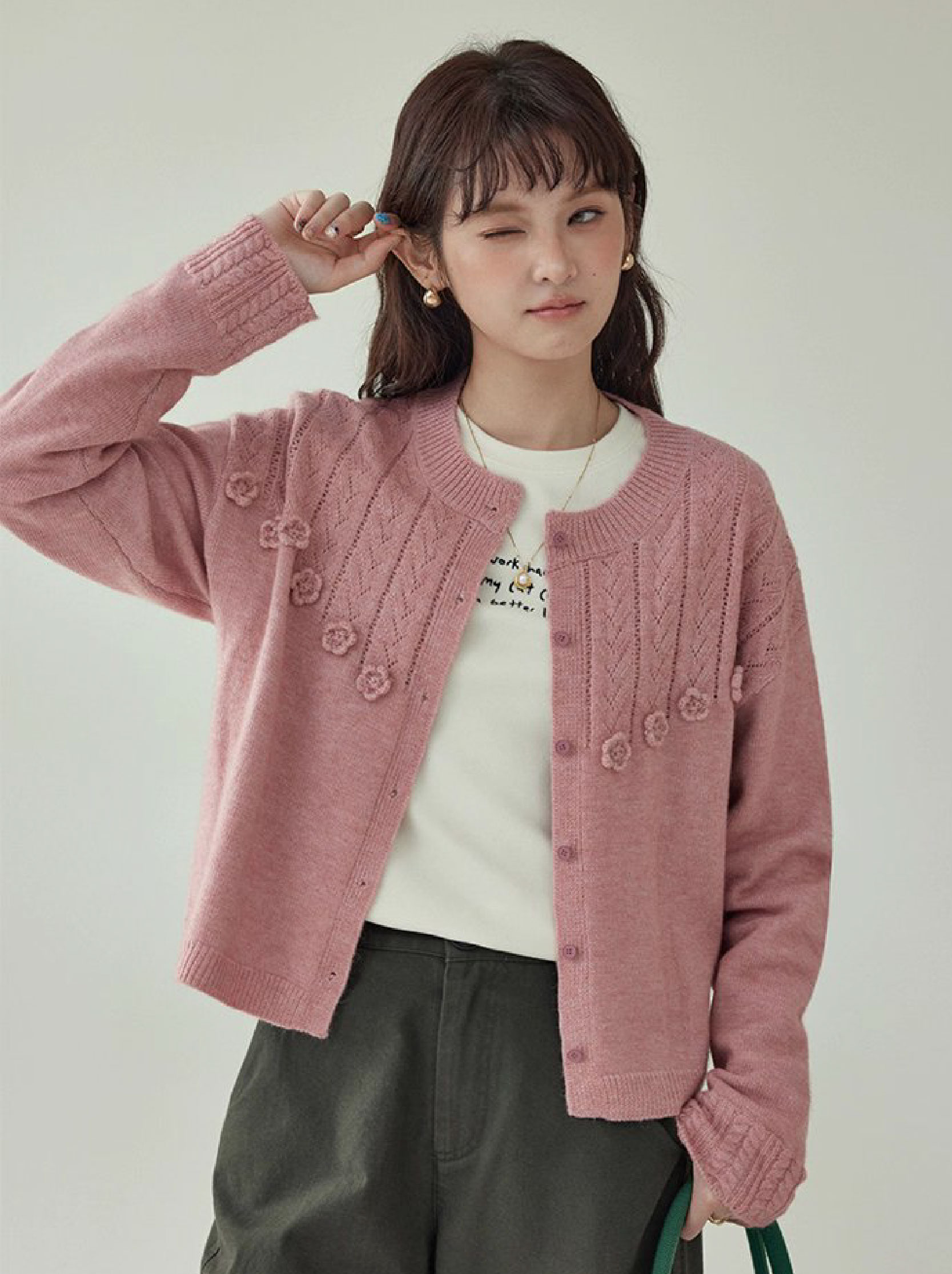 少女感粉紅花朵毛衣開襟女秋季新款寬鬆長袖上衣