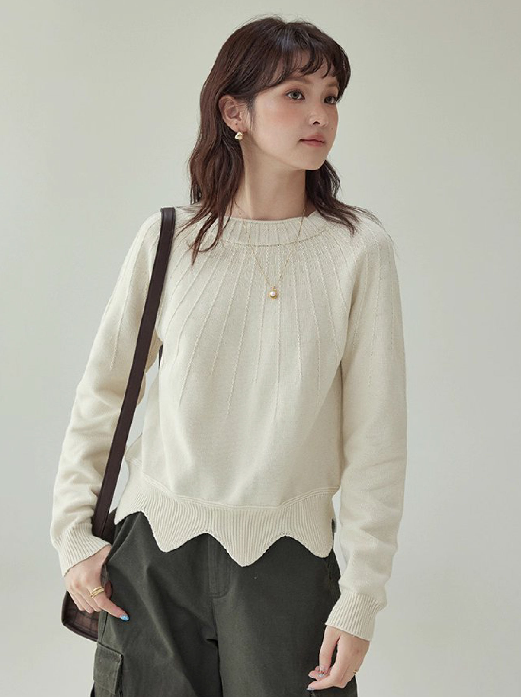 設計感波浪下擺純棉針織衫女秋冬季新款長袖上衣