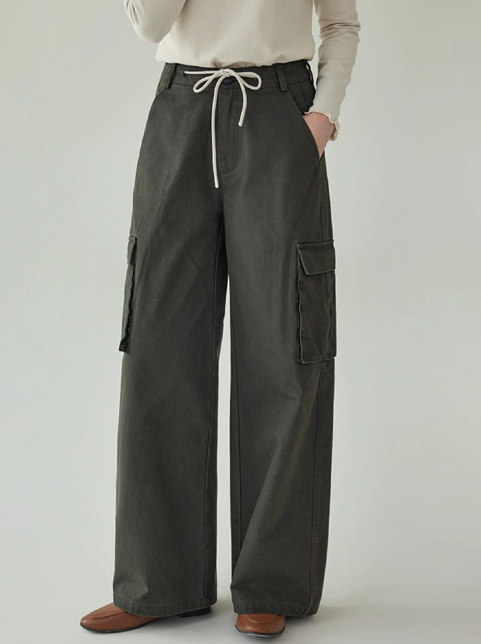 繫帶高腰純棉直筒休閒褲女秋季新款百搭工裝長褲