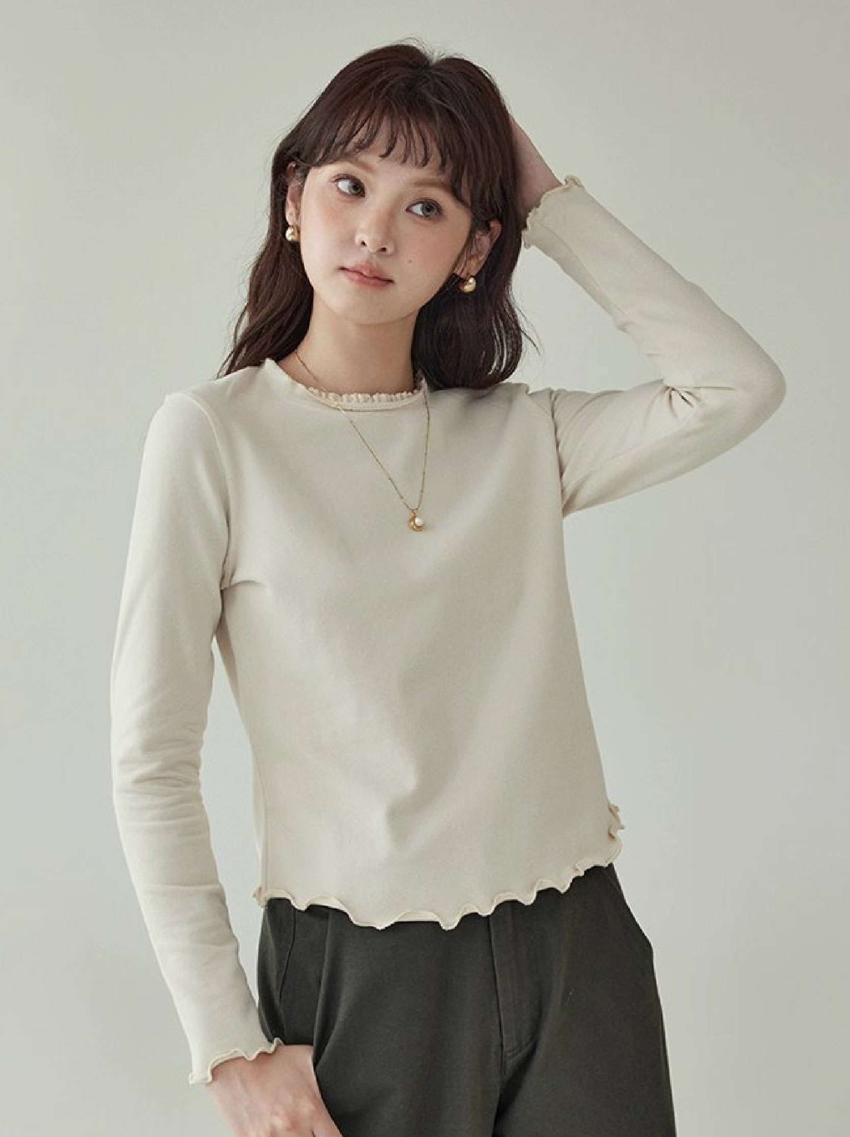 小眾花邊圓領長袖打底T恤女秋新款寬鬆純色上衣