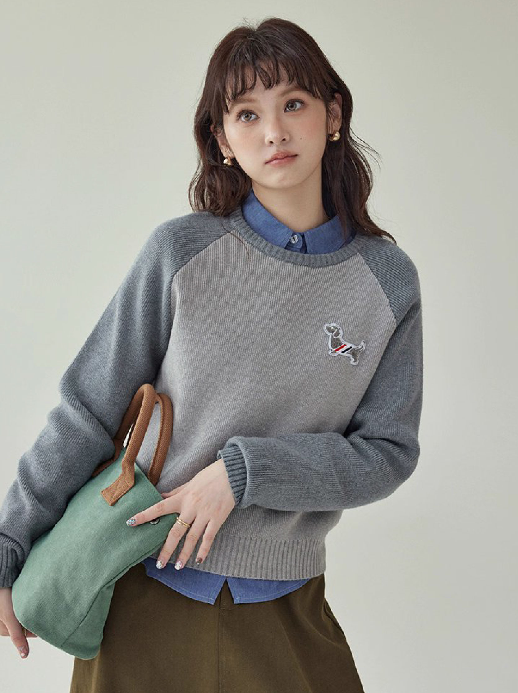 拼色插肩長袖短版針織衫女秋季新款小狗刺繡上衣