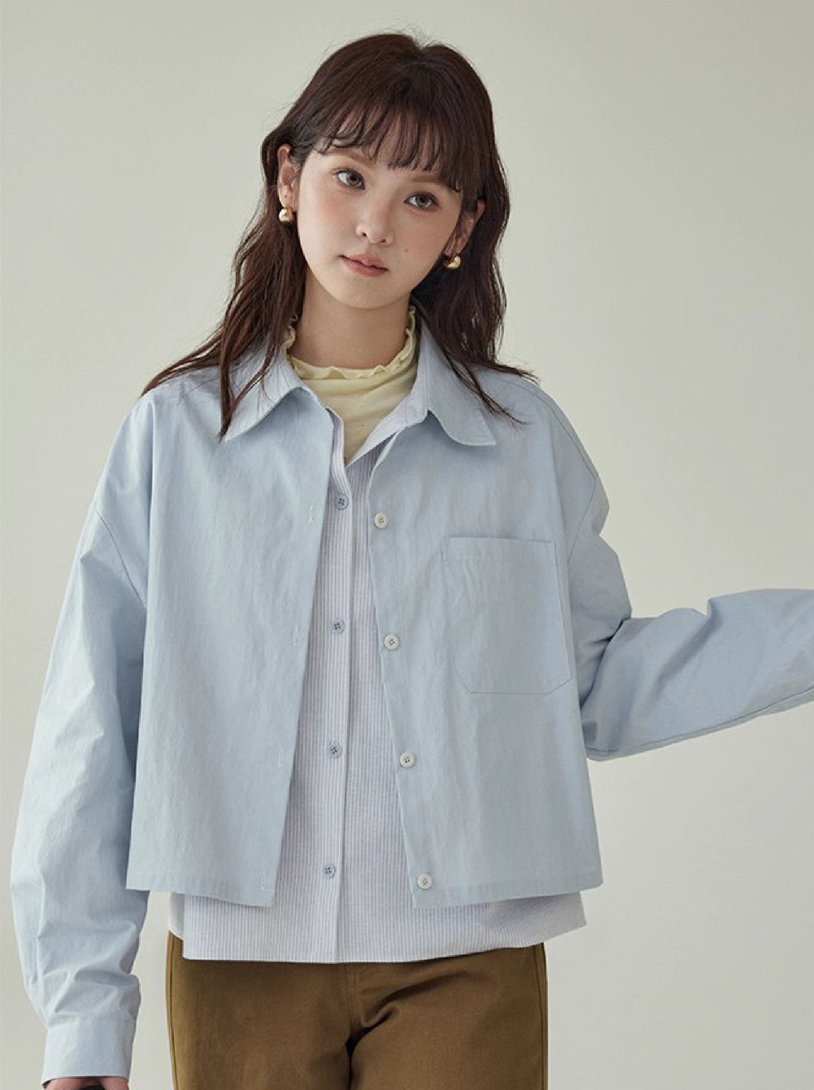 藍色假兩件外套襯衫女秋季超好看單排扣長袖上衣