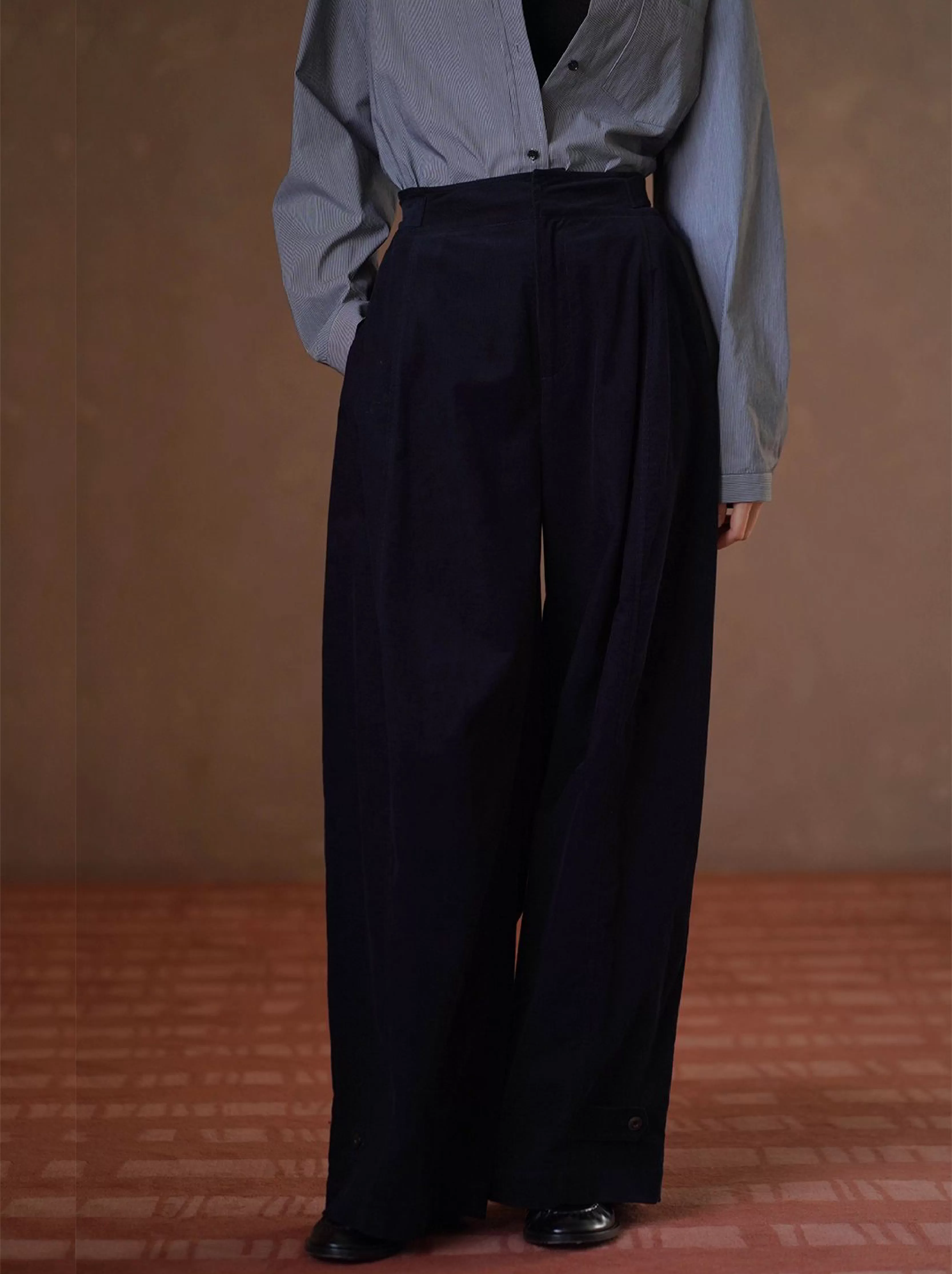 復古柔光細條100棉燈芯絨顯瘦高腰可調式腳口寬鬆長褲女