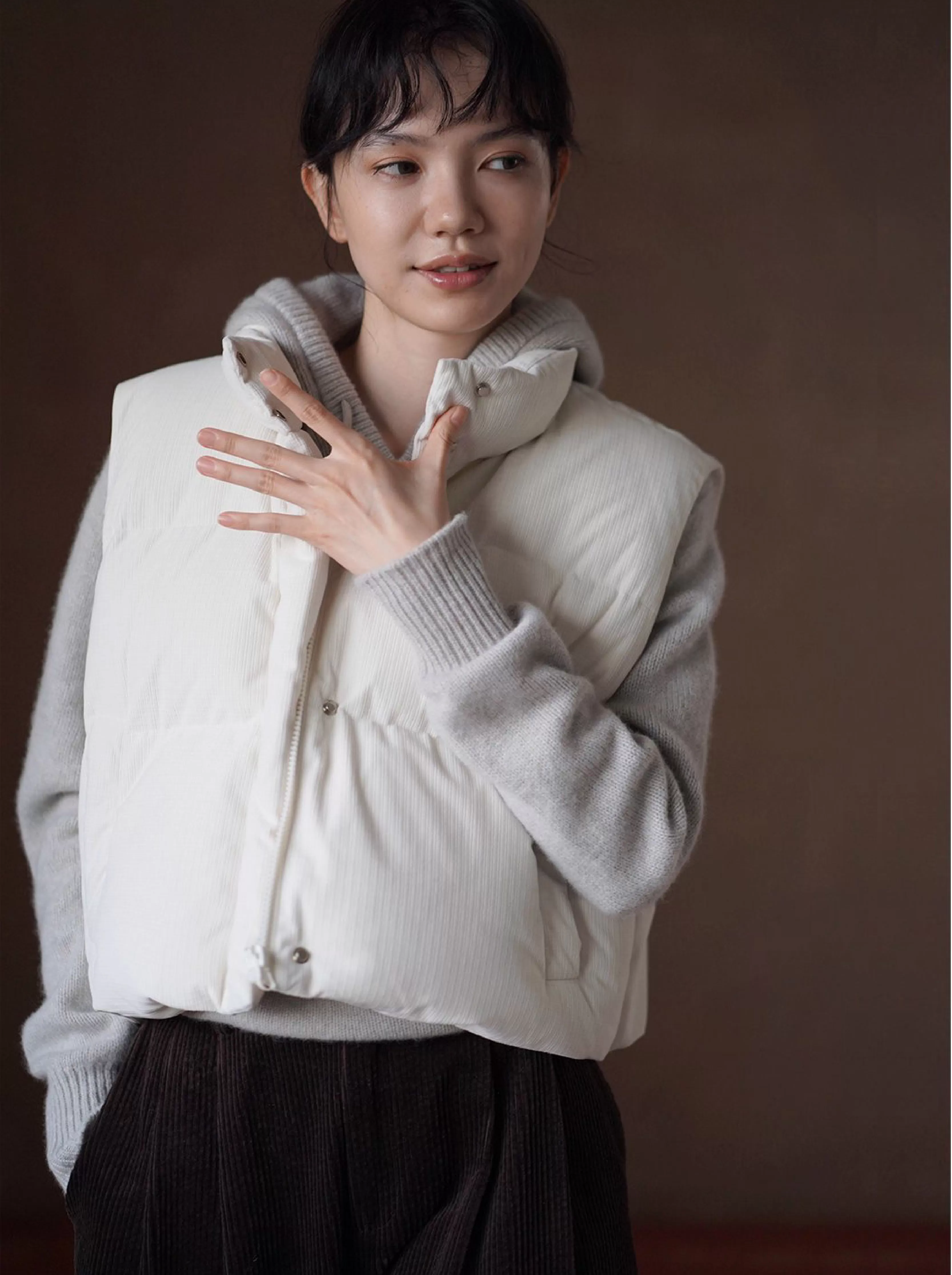 保暖軟糯小泡芙格外套紋肌理寬鬆短款立領夾棉馬甲棉服