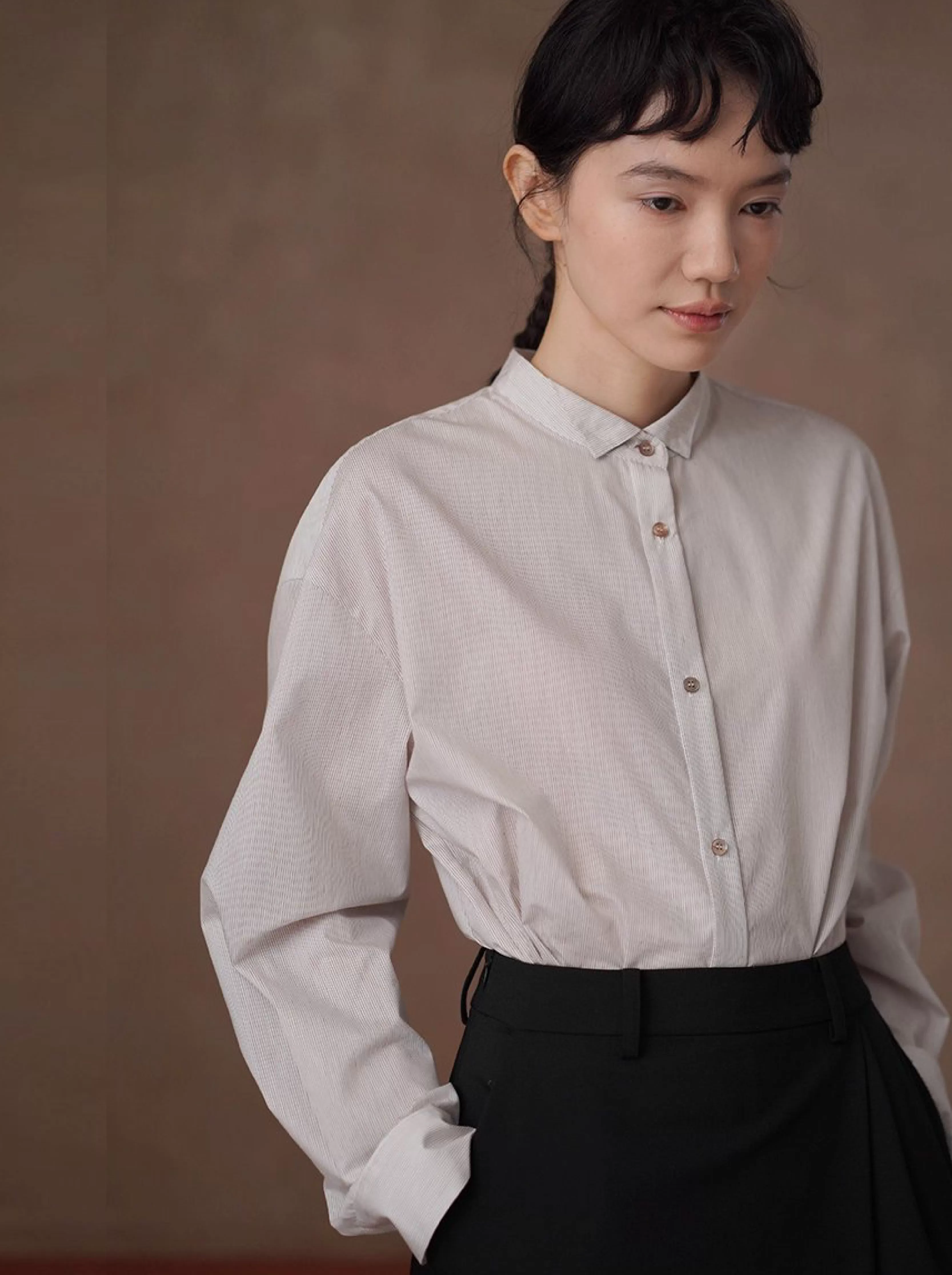 素描課堂藝術生襯衫小尖領設計細條紋寬鬆顯瘦通勤上衣