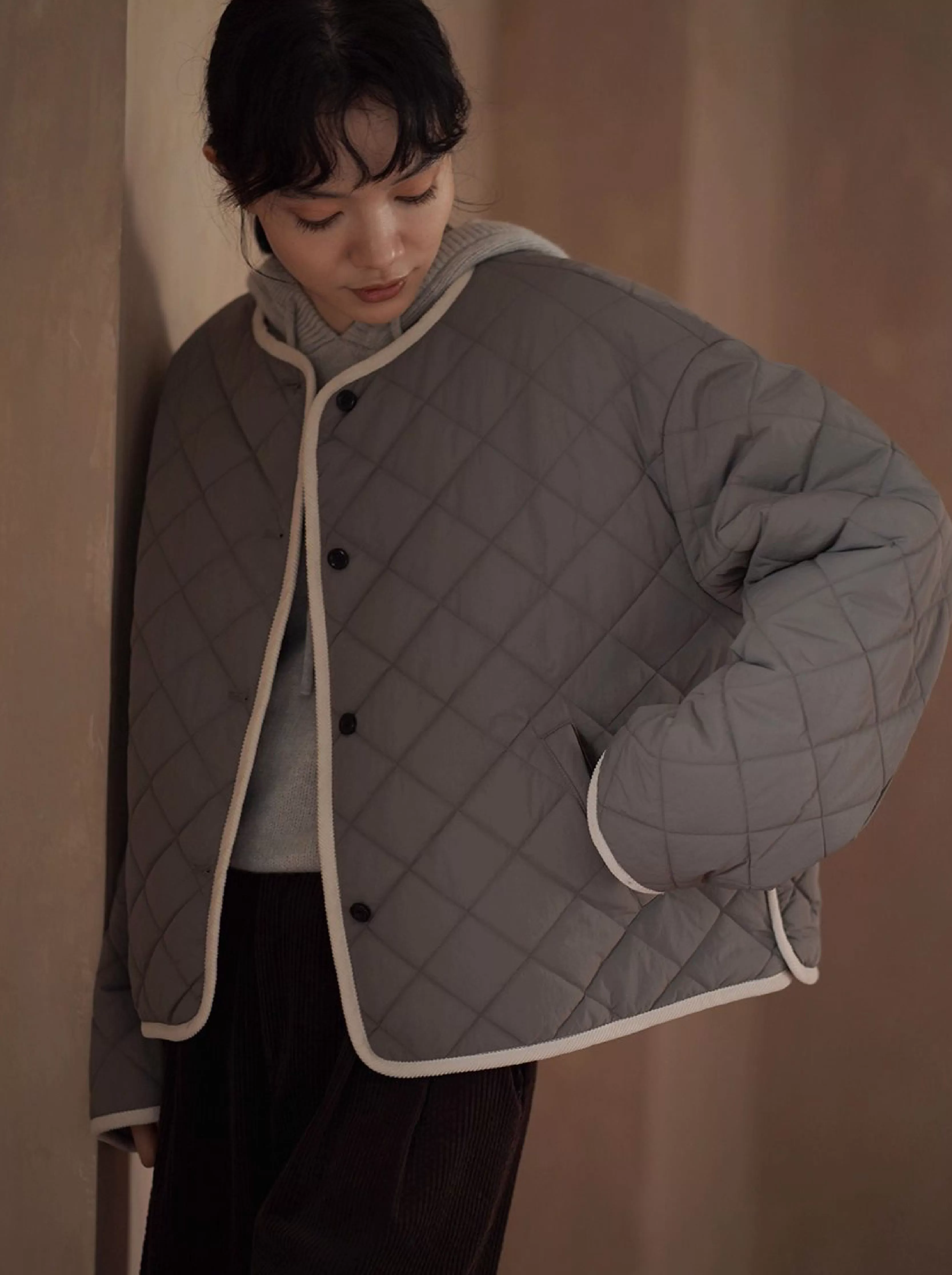 撞色燈芯絨包邊顯瘦菱格絎線寬鬆輪廓顯瘦保暖棉質外套