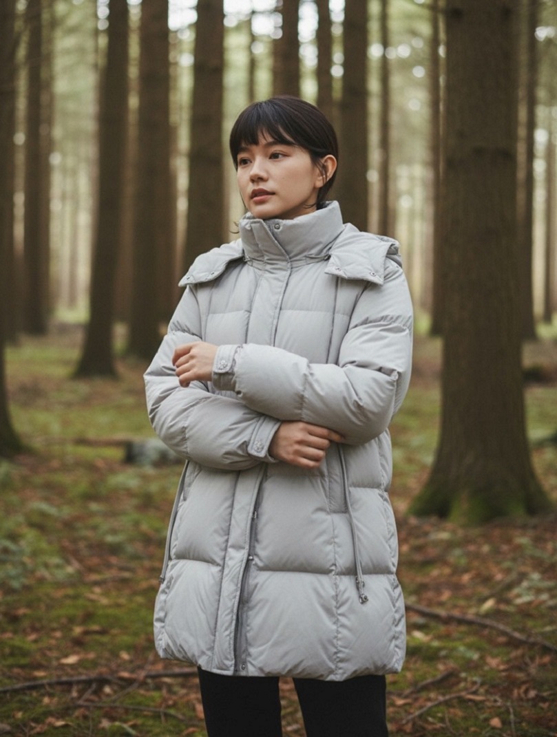 山系少女綿軟感保暖連帽寬鬆0白鴨絨中長羽絨服