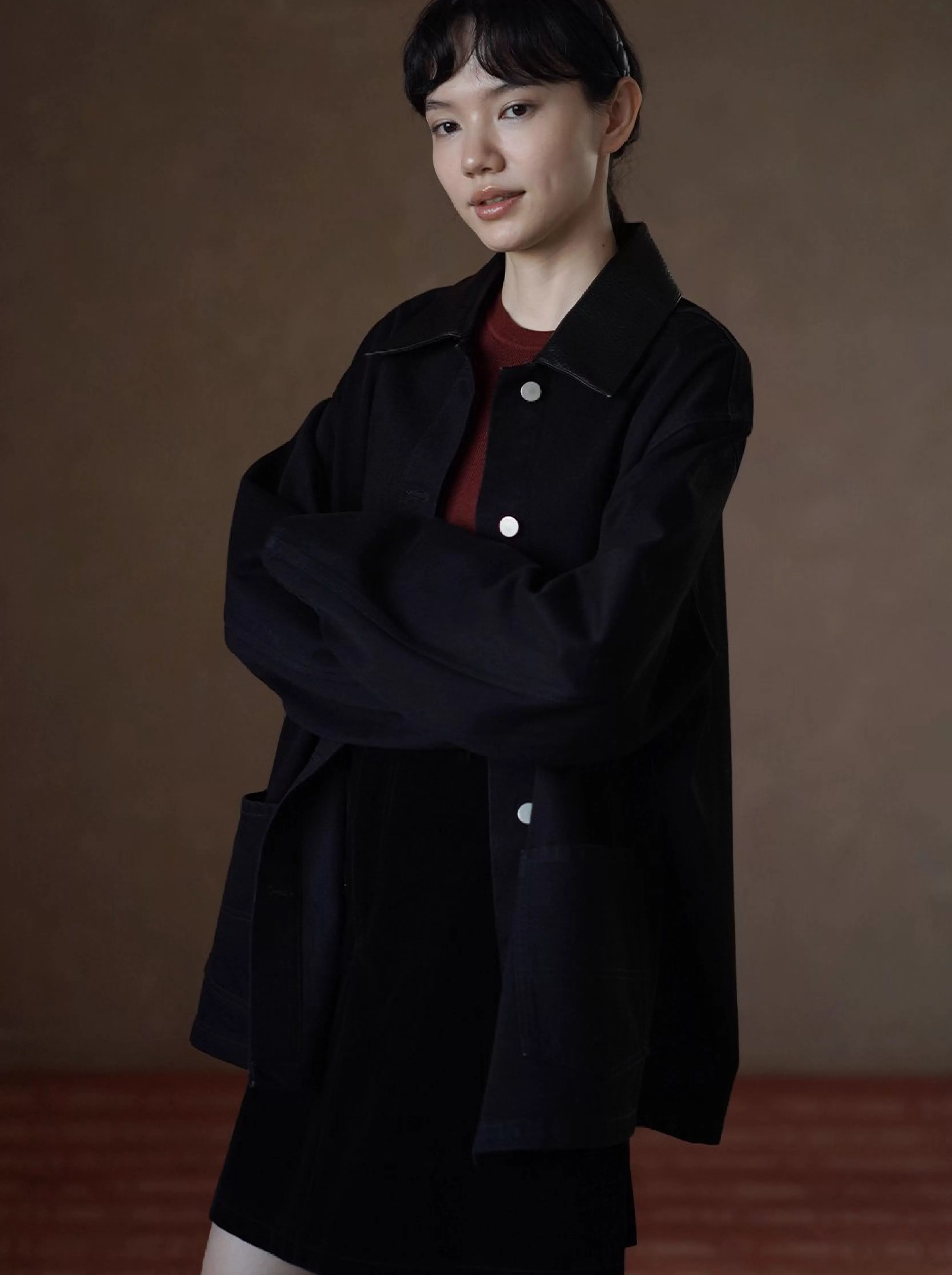 小眾拼接皮領100棉挺括水洗牛仔服一手長顯瘦寬鬆外套女