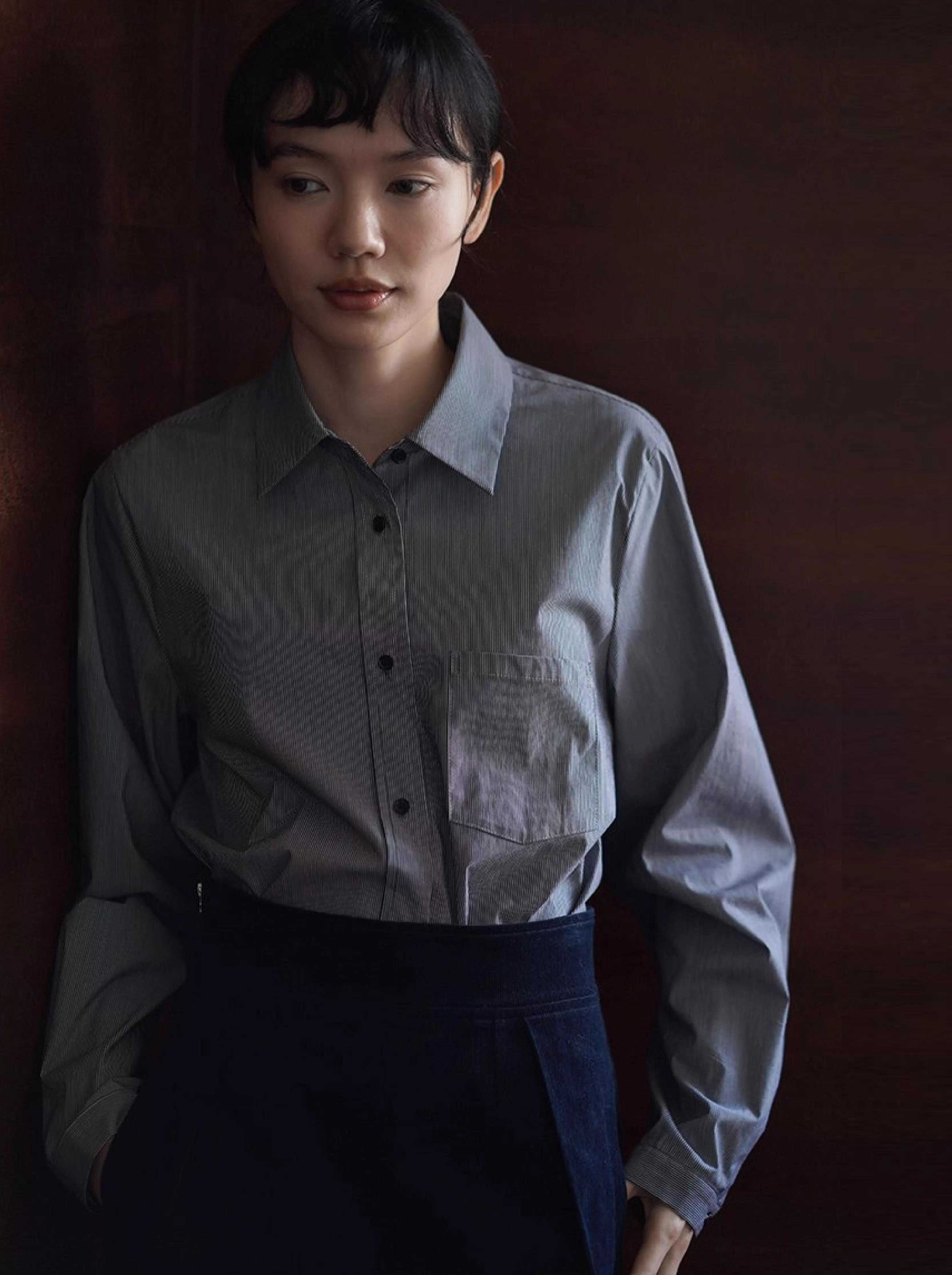 清晰像素條紋法式通勤襯衫寬鬆落肩顯瘦疊穿長袖上衣女