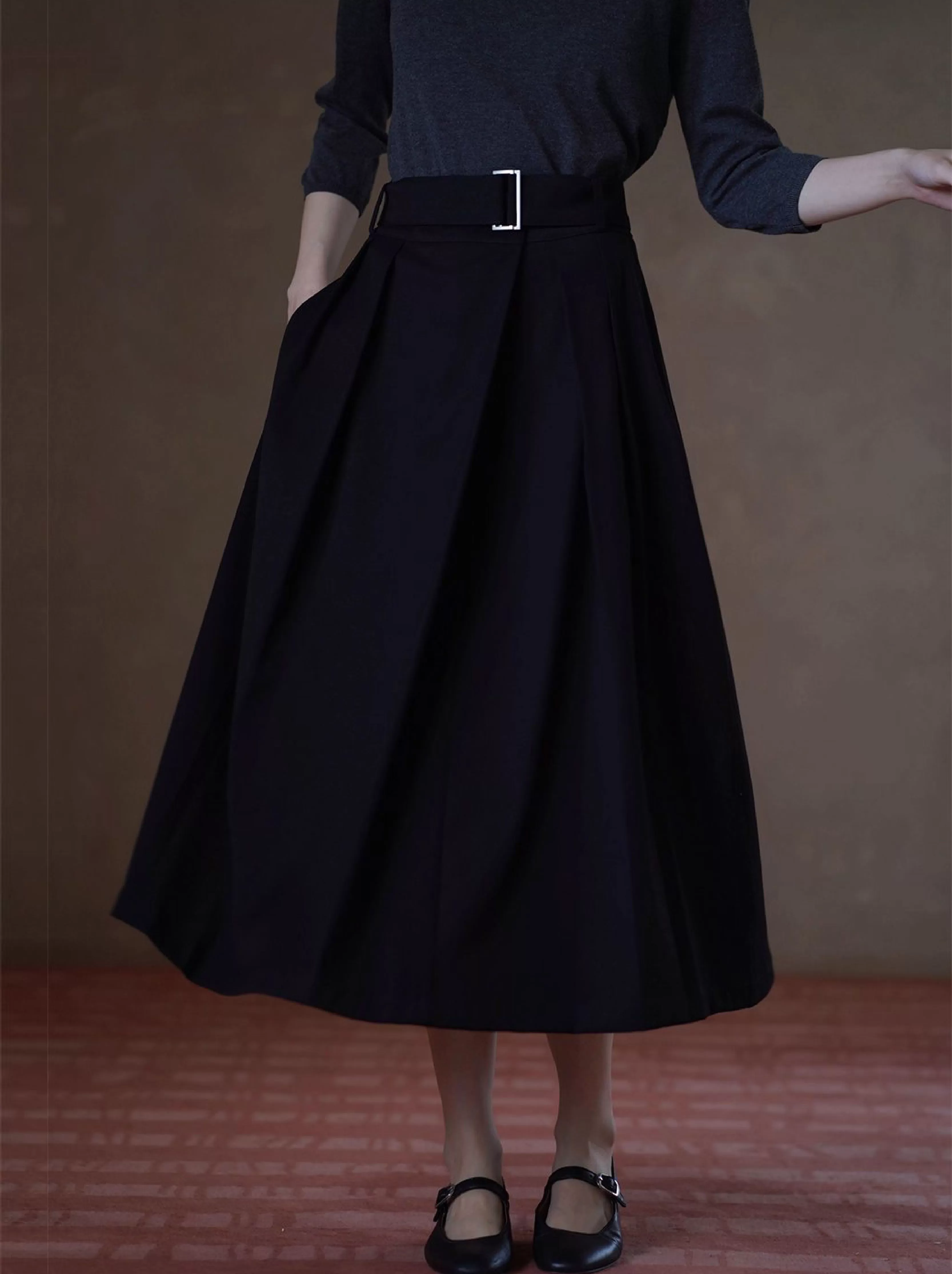 簡約法式高腰中長A字顯瘦通勤不挑人百褶腰帶半身裙女