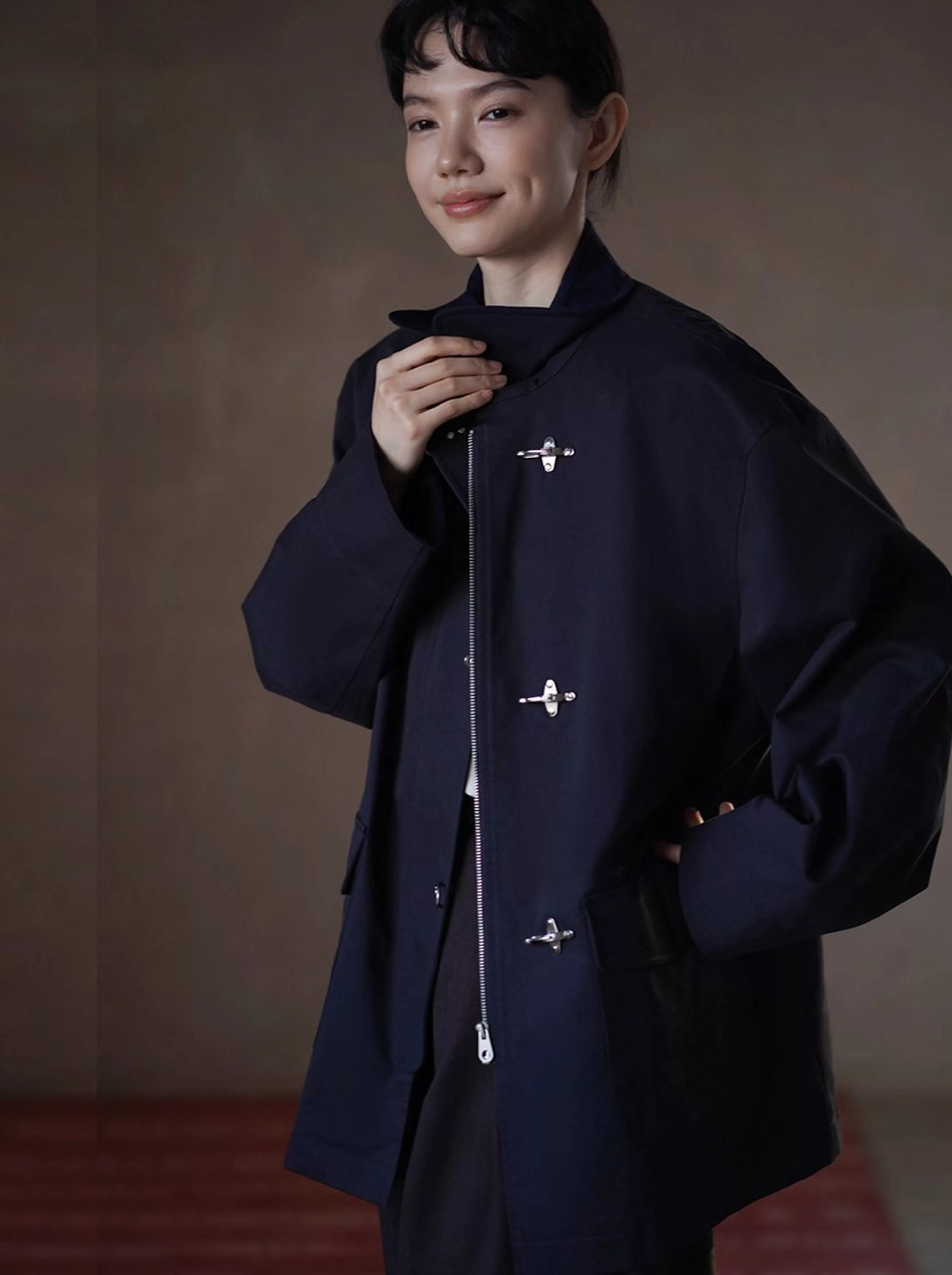 走讀生復古外套小眾飛機扣設計中長款拼接麂皮領口風衣