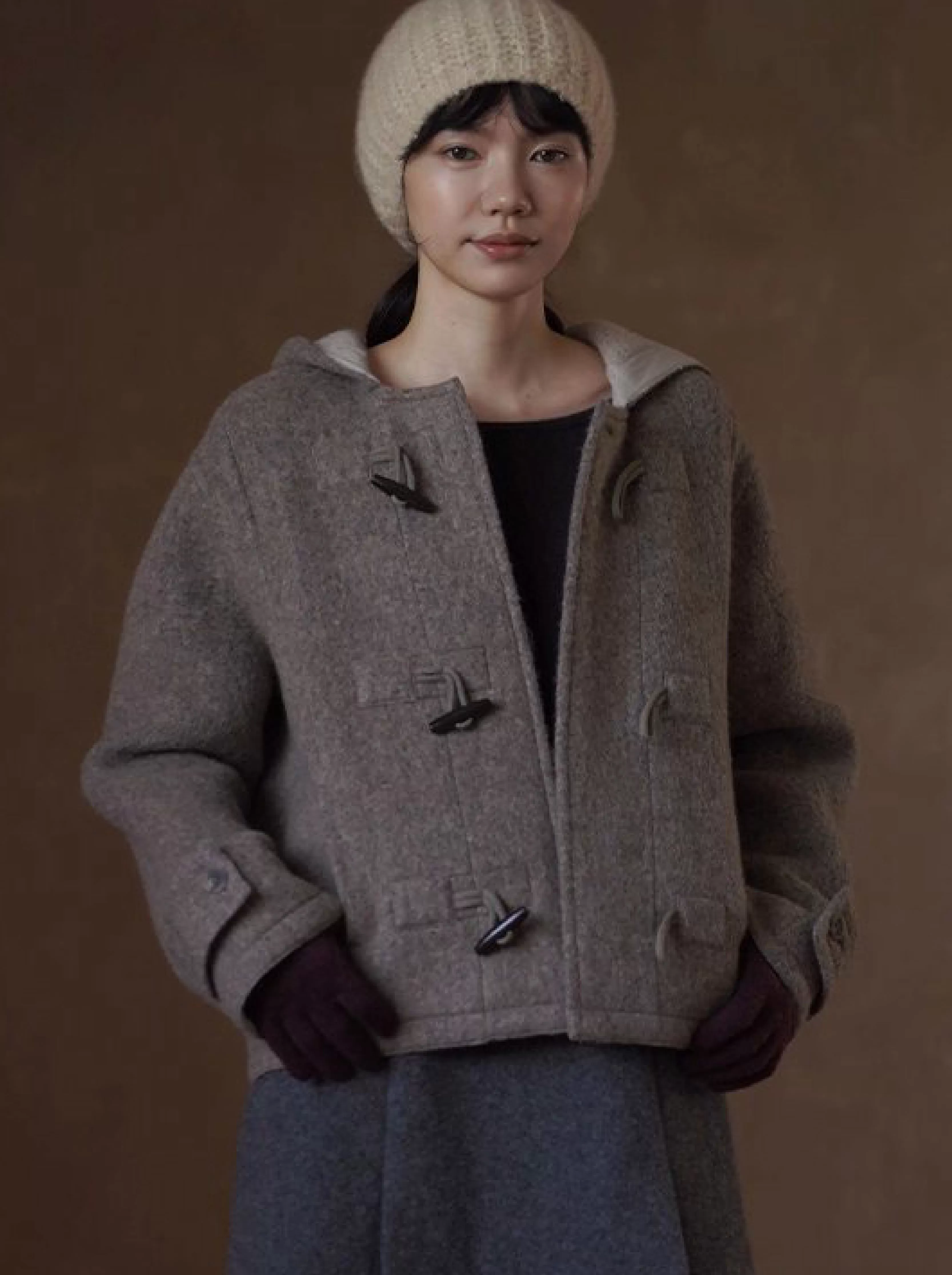 書香學院風外套澳洲進口羊毛駝絨連帽牛角扣短款雙面呢