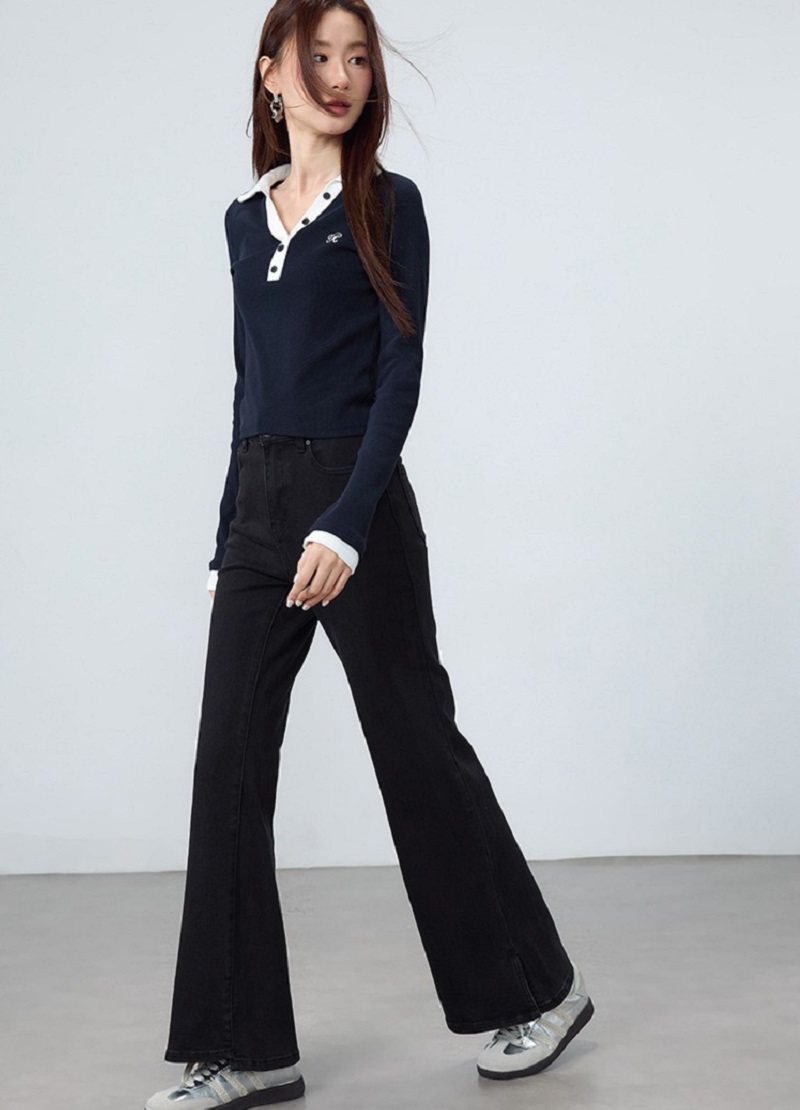 開叉黑色微喇褲牛仔褲顯瘦褲子