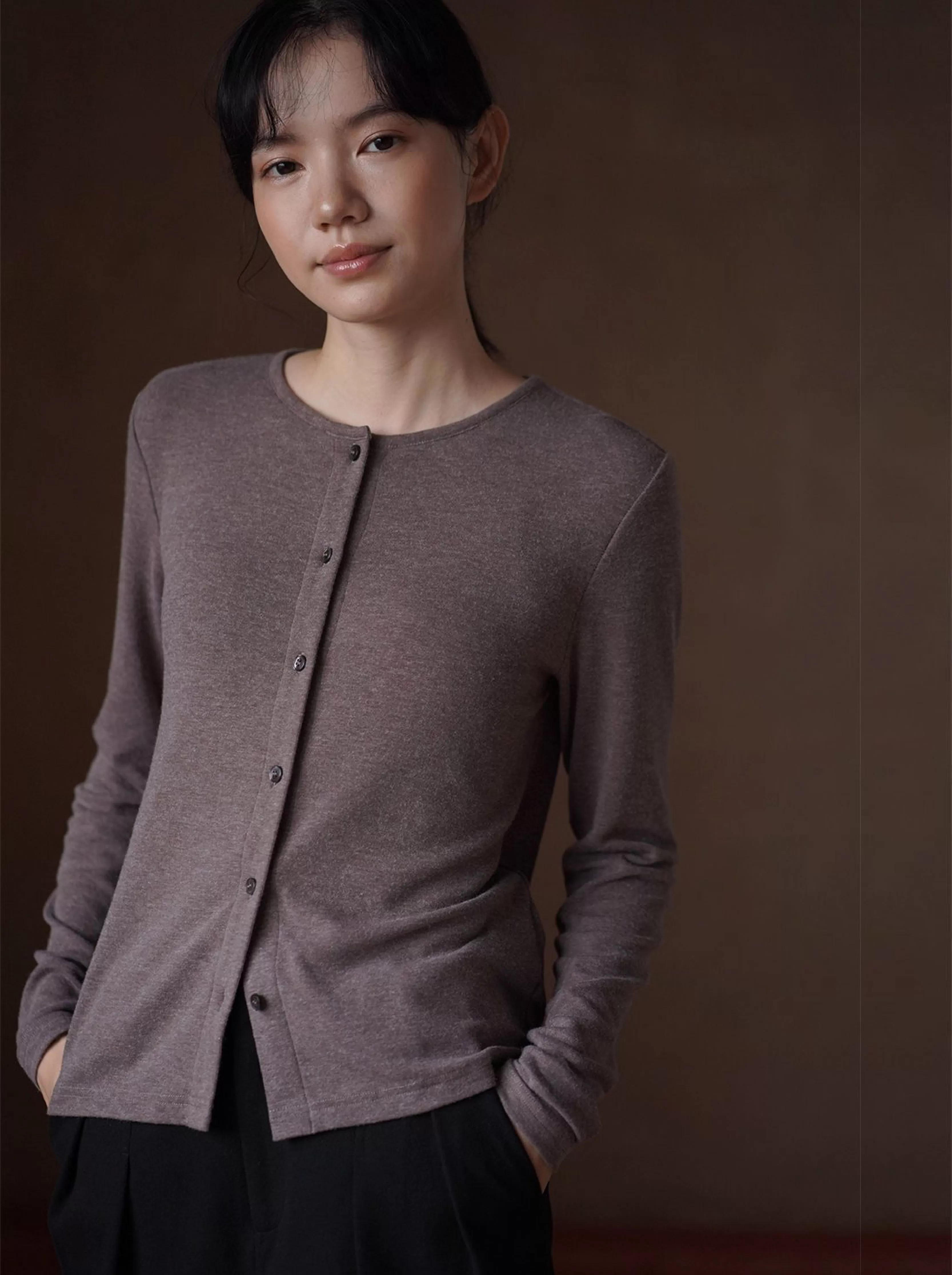 全能內搭合身彈性圓領開門襟顯瘦修身通勤長袖親膚上衣