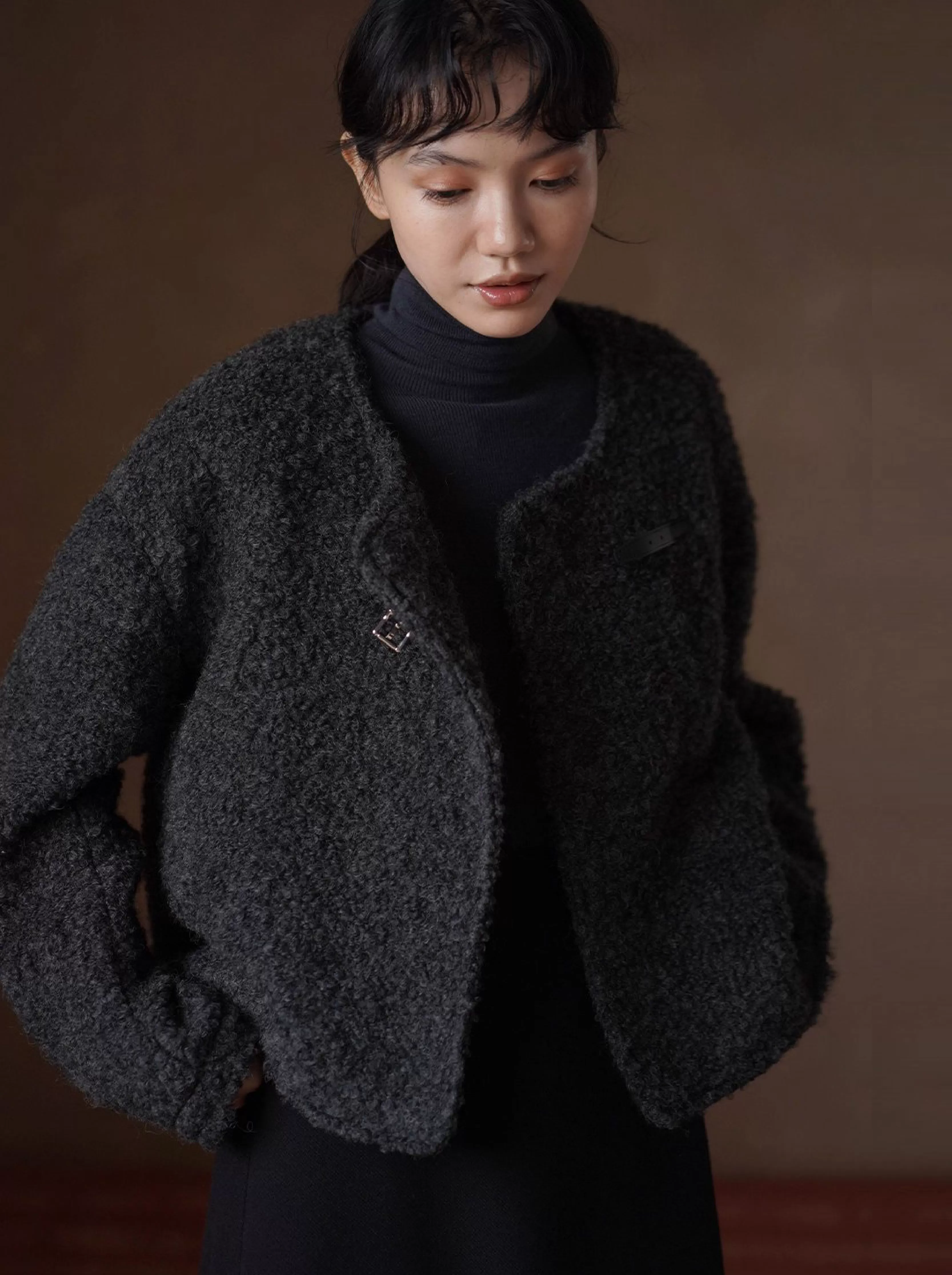 費城外套蓬鬆羊毛圈毛呢料輪廓皮袢圓領通勤顯瘦大衣