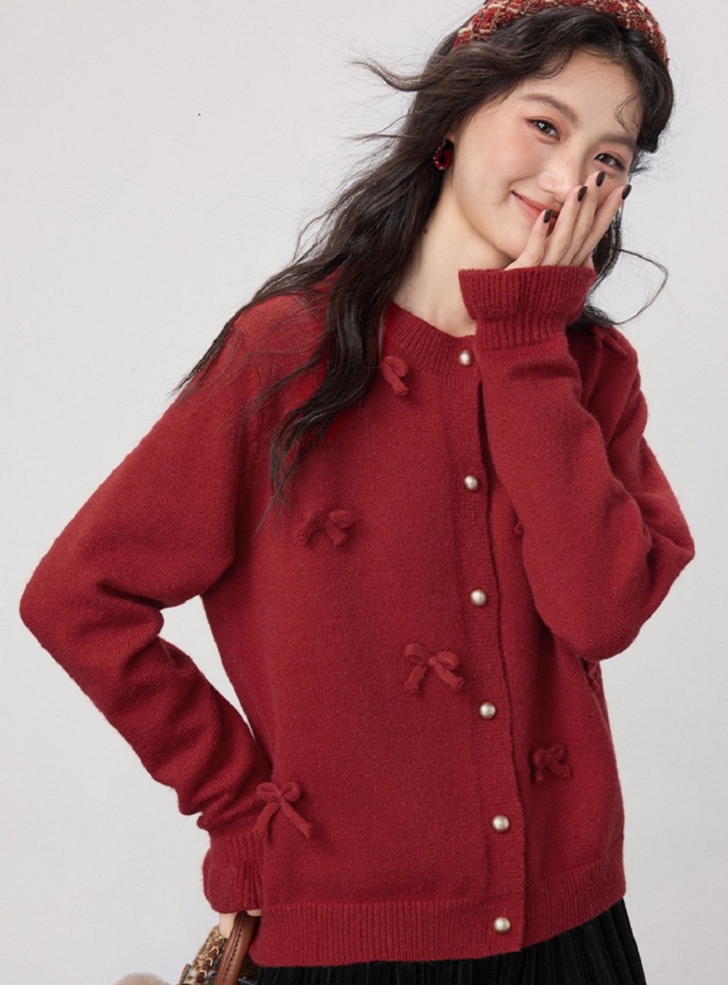 大尺碼胖mm秋冬毛衣開襟外套紅色蝴蝶結針織衫上衣