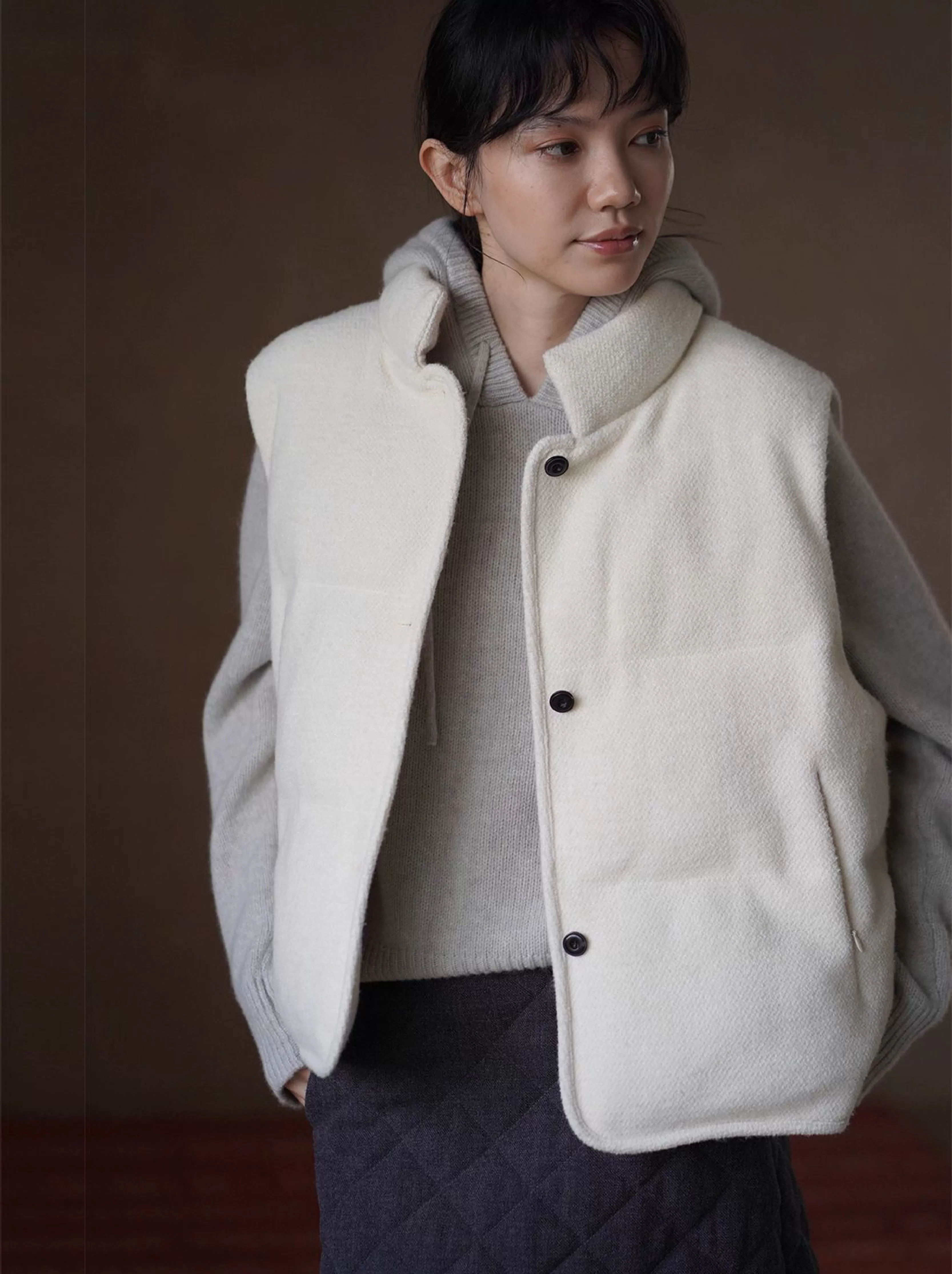 小奶糕自然肌理感綿羊毛混紡寬鬆疊穿簡約立領棉服馬甲
