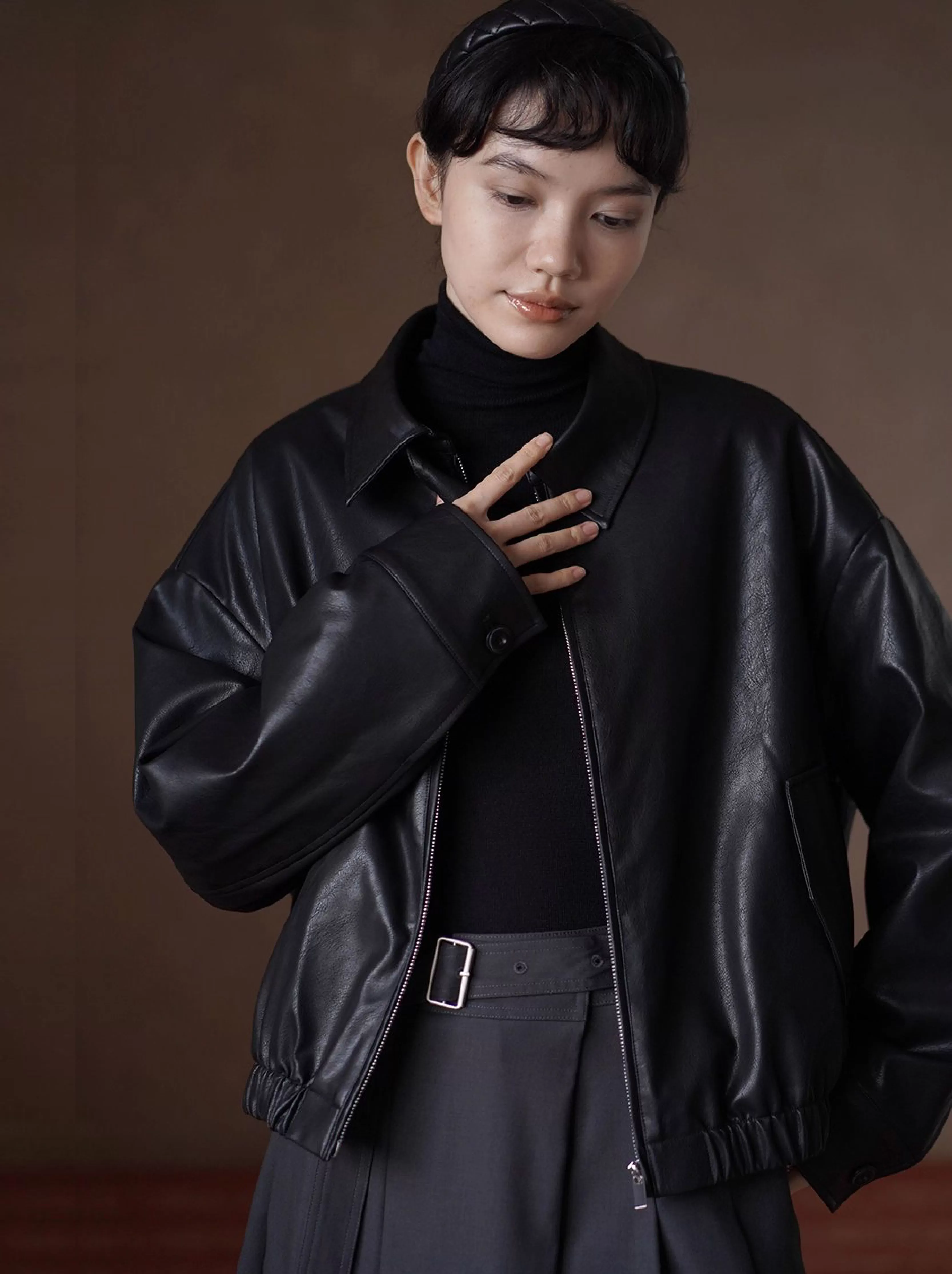 風度溫度並存寬鬆輪廓復古環保夾棉加厚保暖皮衣外套女