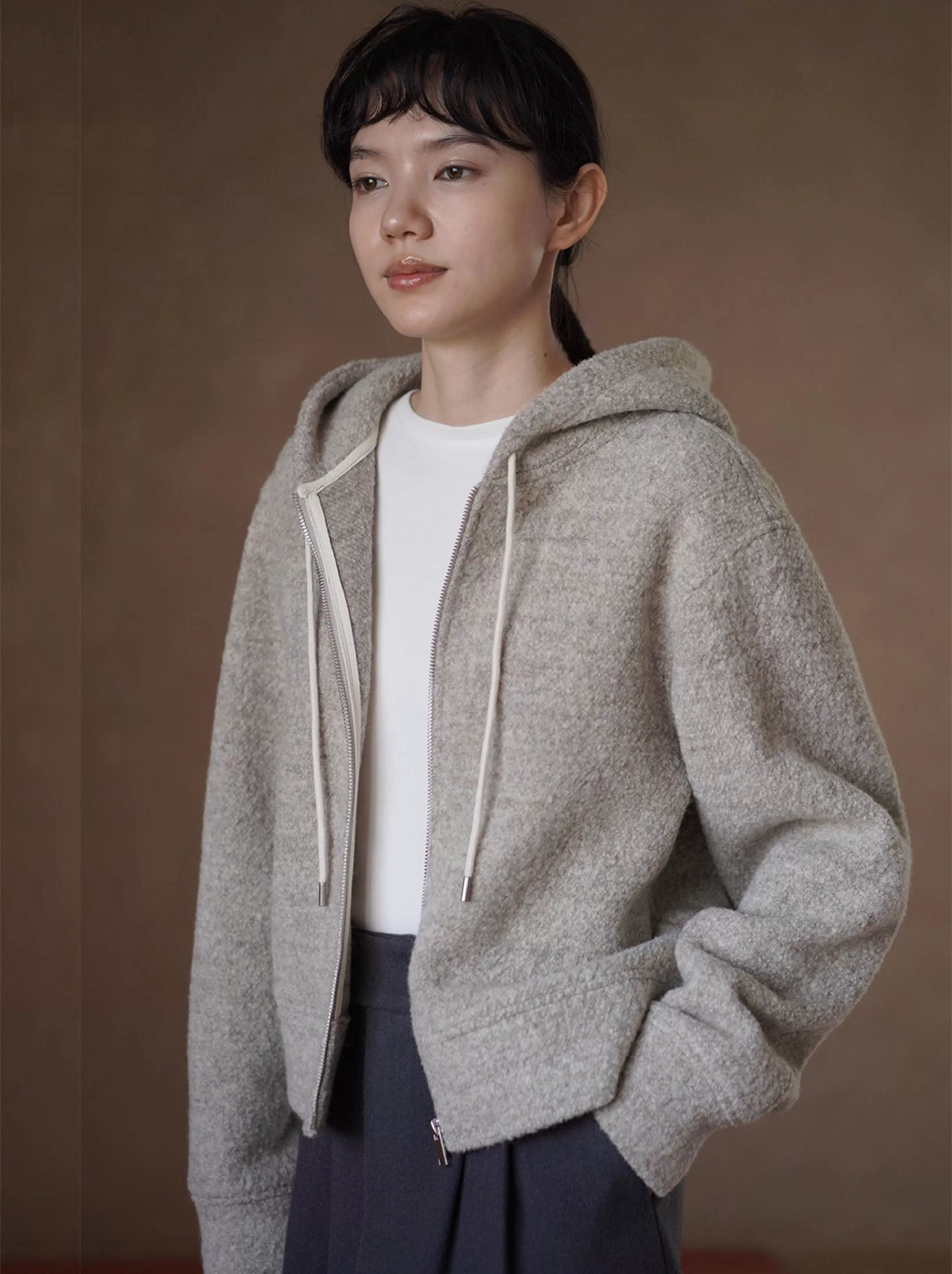 顆粒肌理絨感100綿羊毛輪廓休閒顯瘦連帽衛衣保暖外套女