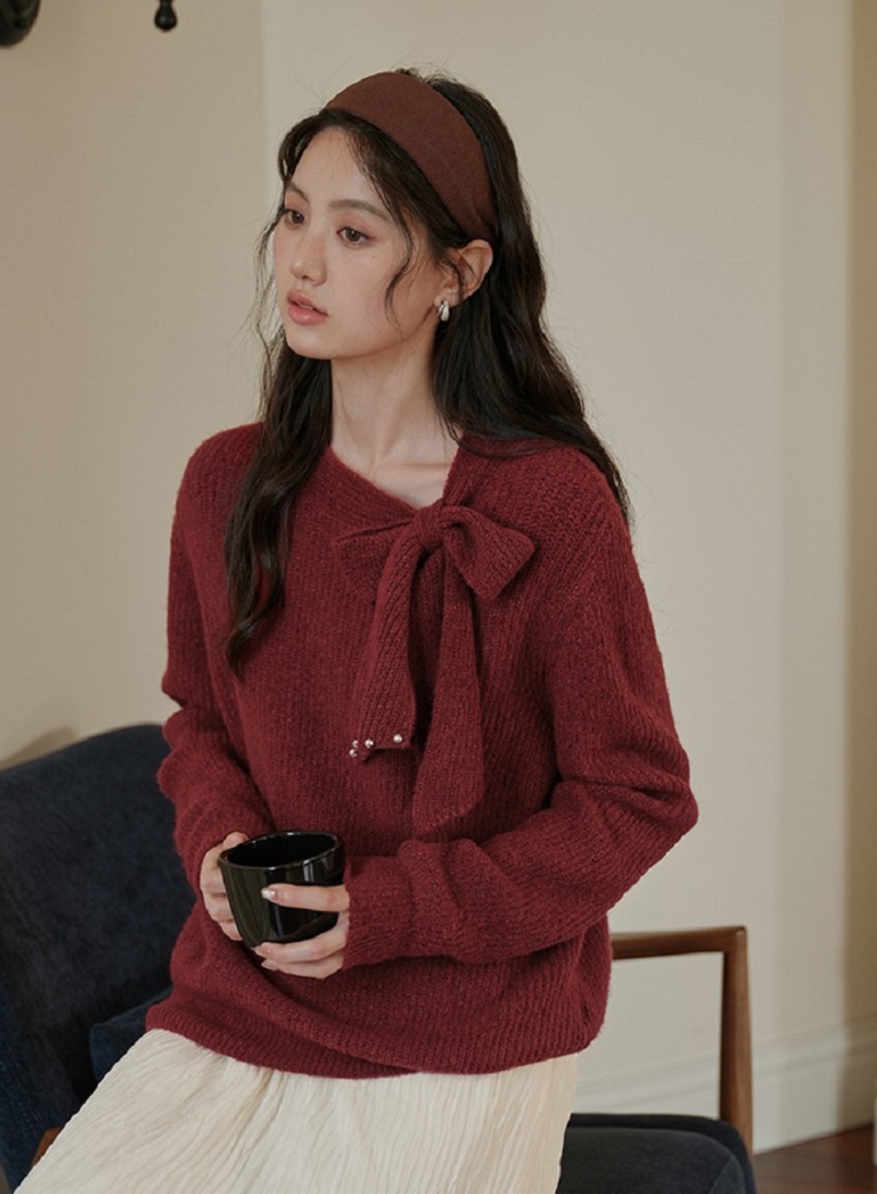聖誕穿搭紅色毛衣女秋冬綁帶針織衫