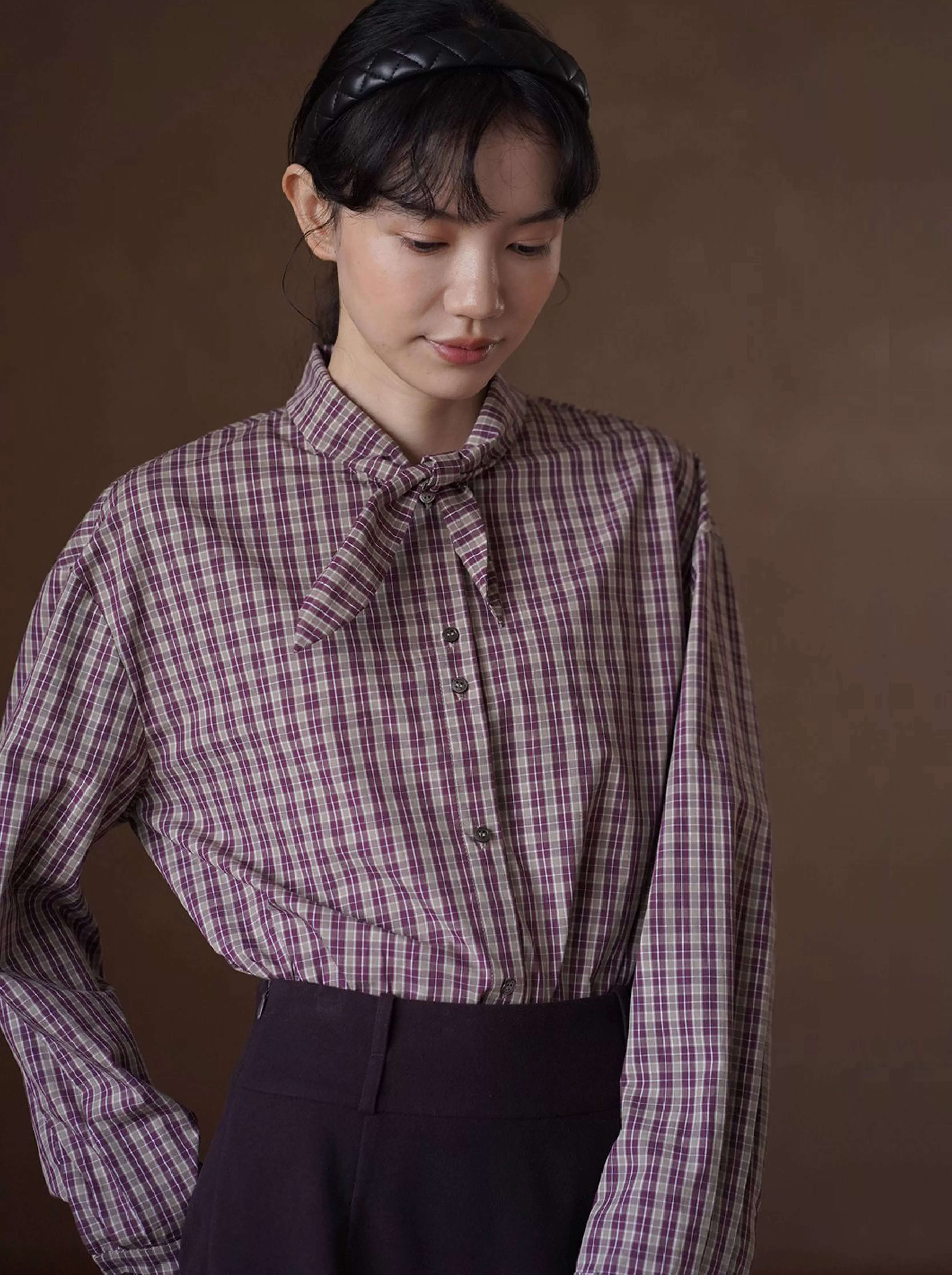 驚喜紅格紋襯衫柔軟100棉飄帶領結疊穿寬鬆顯瘦通勤上衣