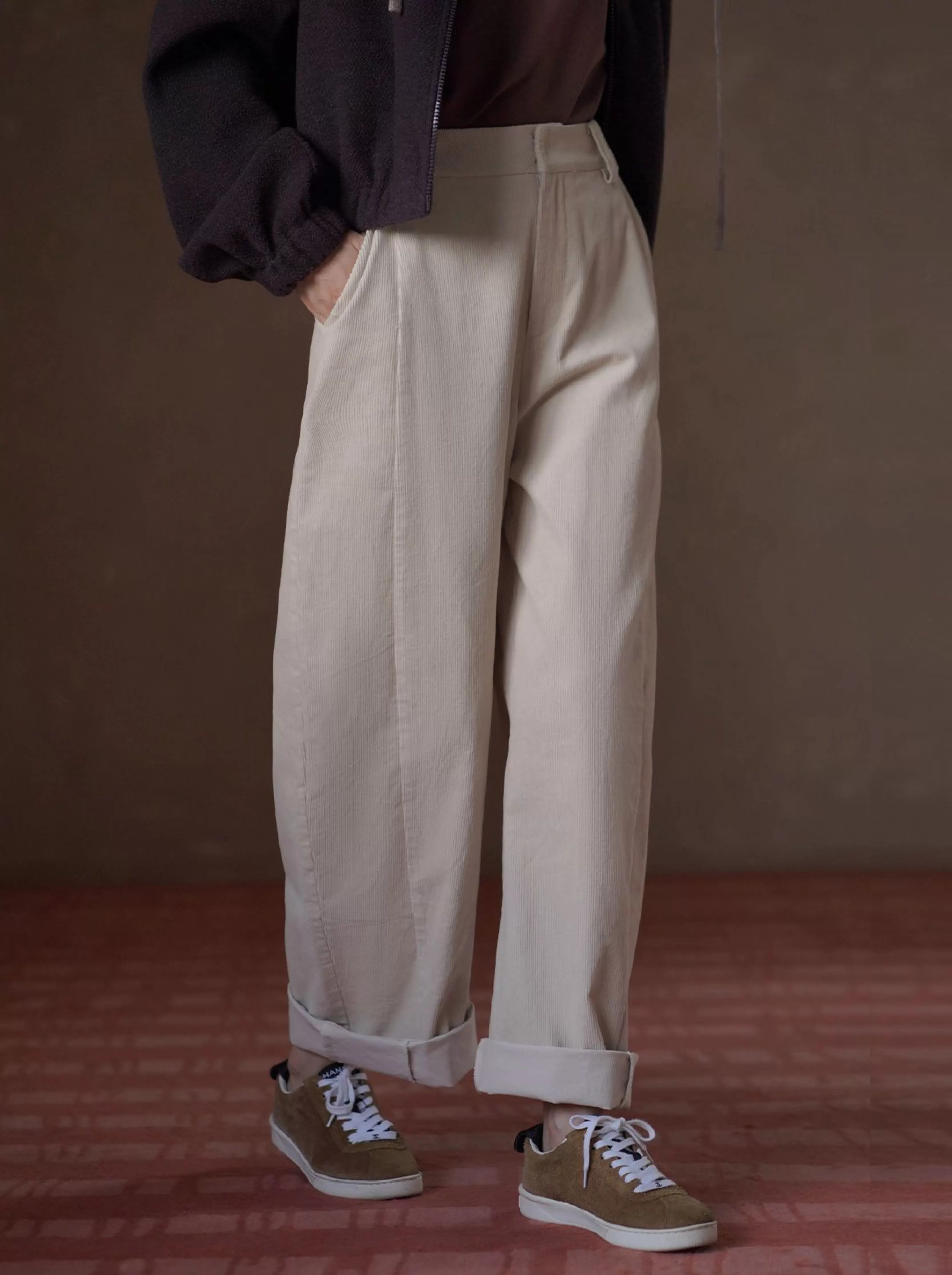 立體顯瘦挺括100棉細膩燈芯絨寬鬆直筒高腰休閒百搭長褲