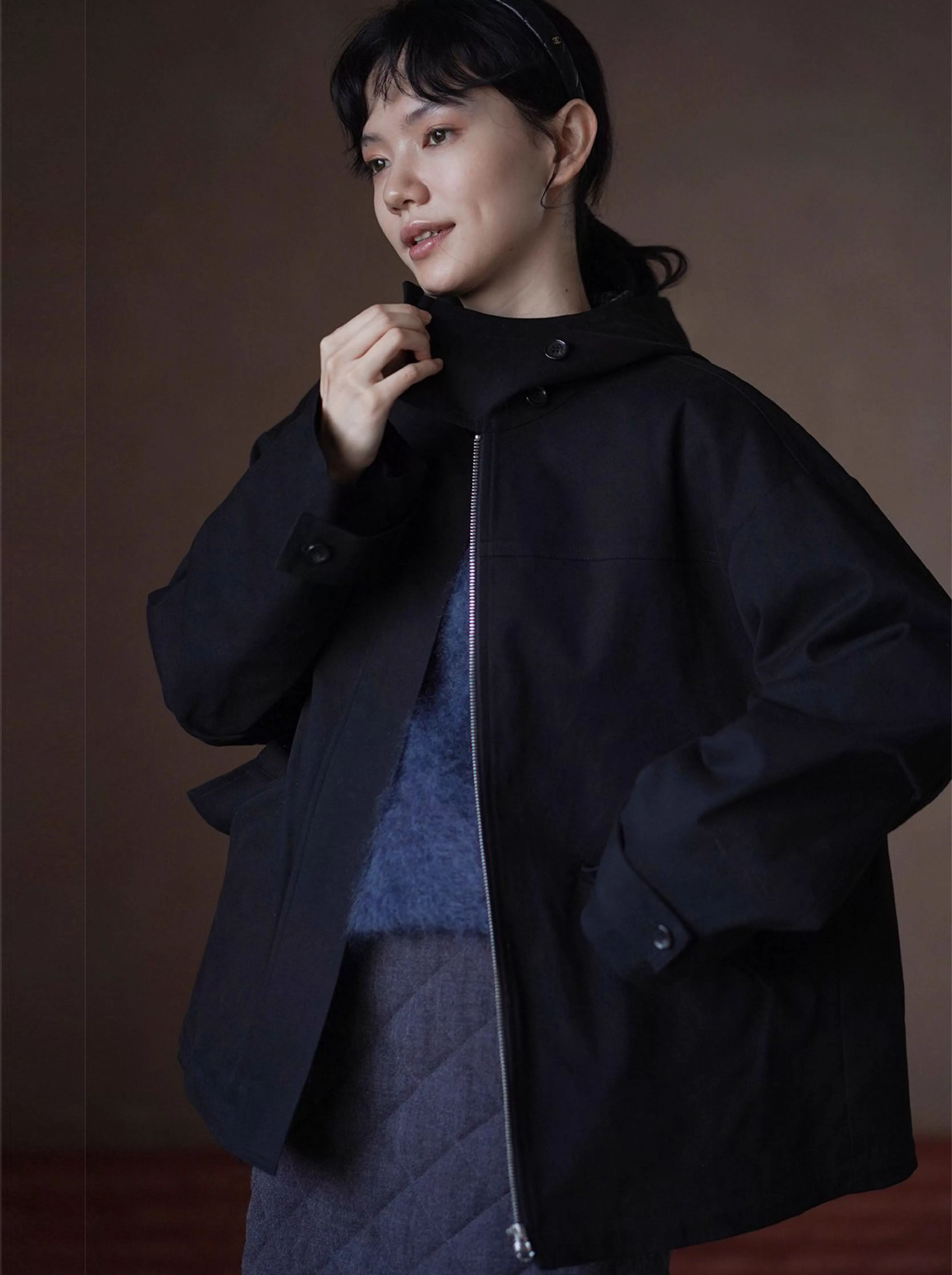 英倫學院撞色格紋連帽搖粒絨內裡加厚一手長夾克外套女