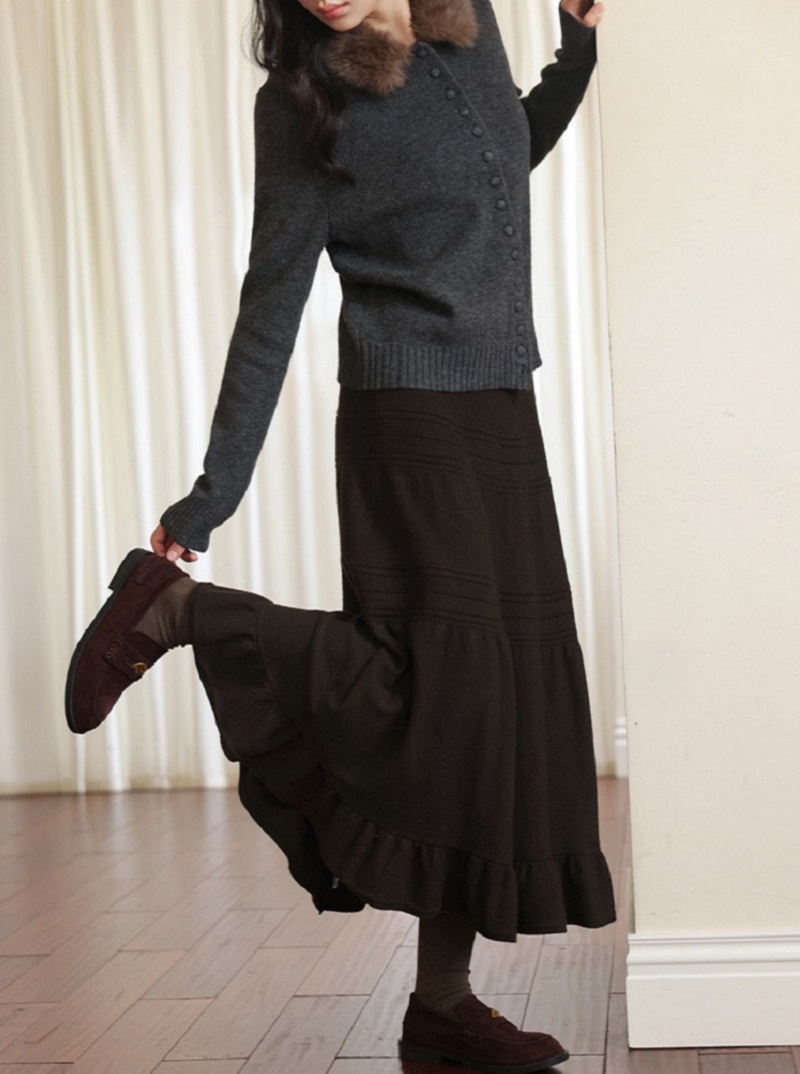 大碼胖mm咖色針織荷葉滾邊半身裙秋冬毛織裙