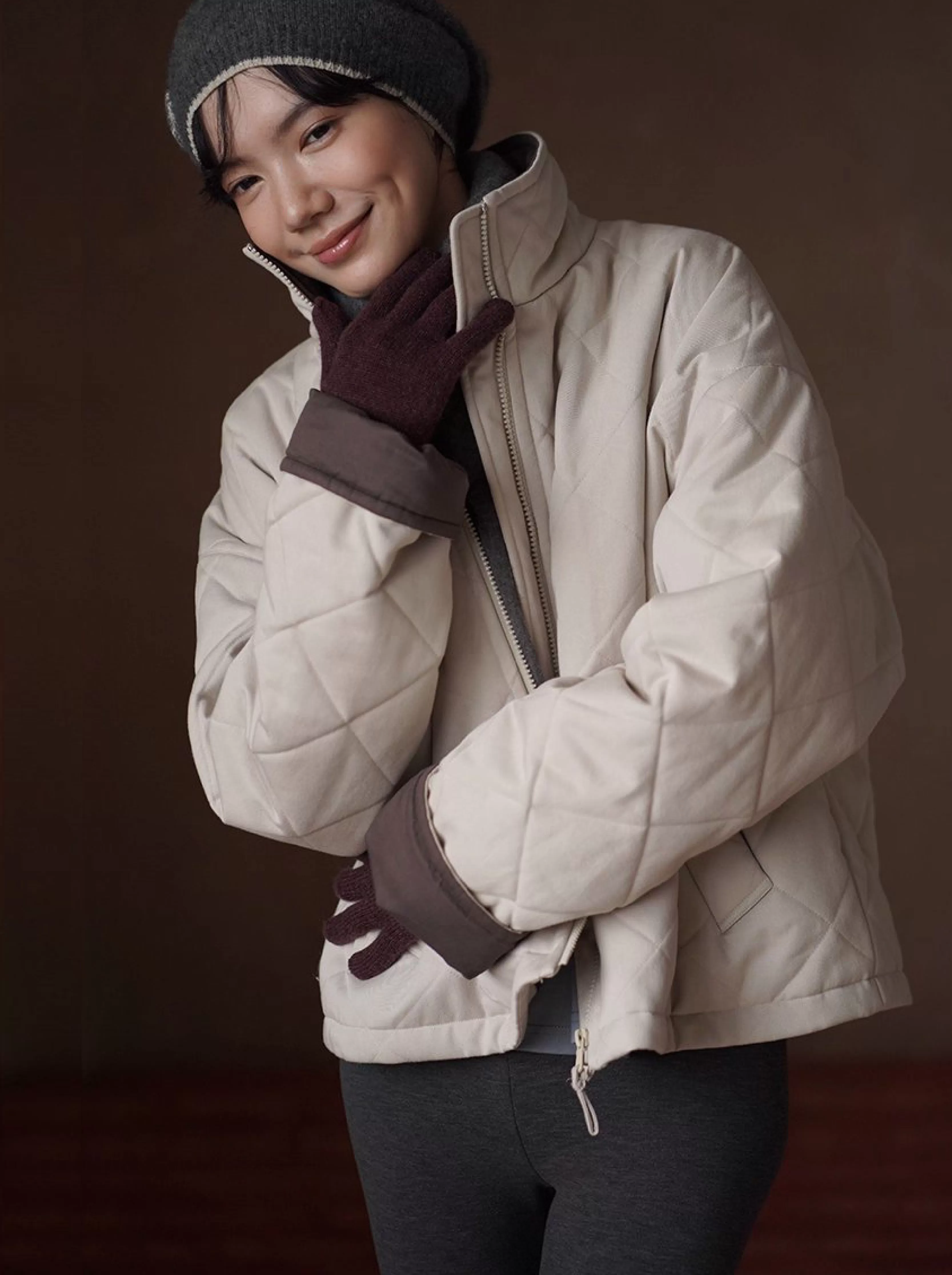 從容冬日保暖棉服立領廓形菱格絎線夾棉撞色顯瘦外套女